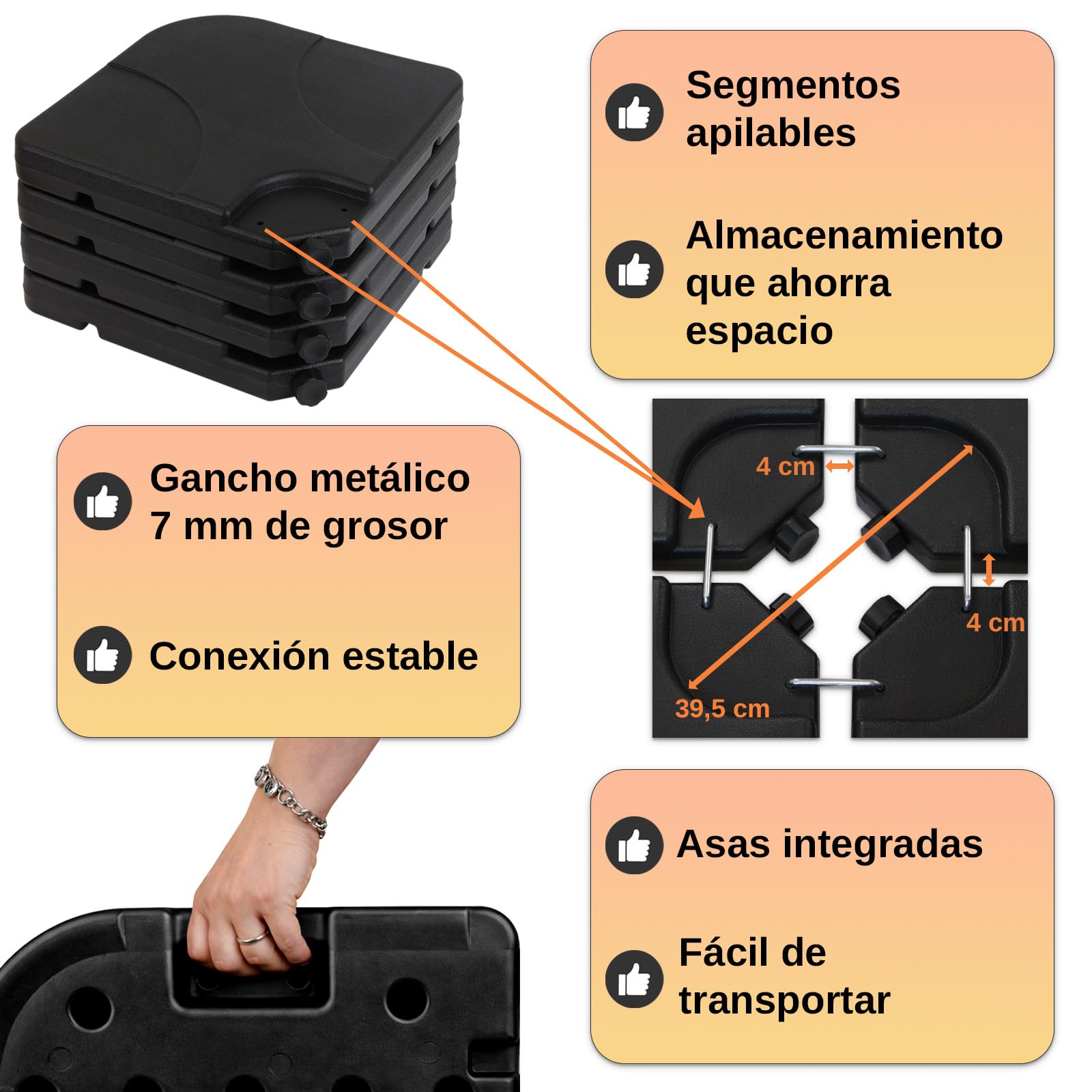 Montafox Peso de la sombrilla Base para sombrilla 4 Partes por Parasol Base Cruzada Negro 60 litro / 100 kg - para llenar de Agua o Arena