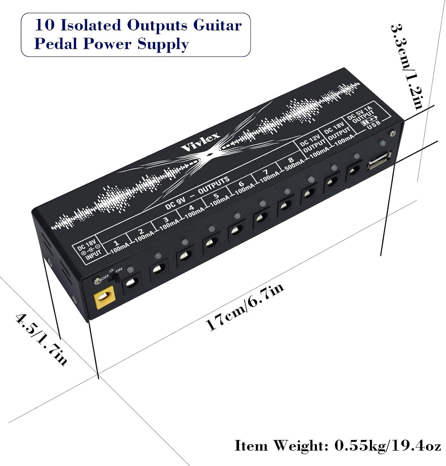 Guitar Pedal Power Supply Station 10 Isolated Outputs for 9V/12V/18V Guitar Bass Effects Pedal Amps Keyboard, Built-in USB Port for Phone, with DC 18V/1A Power Adapter, Short Circuit Protection