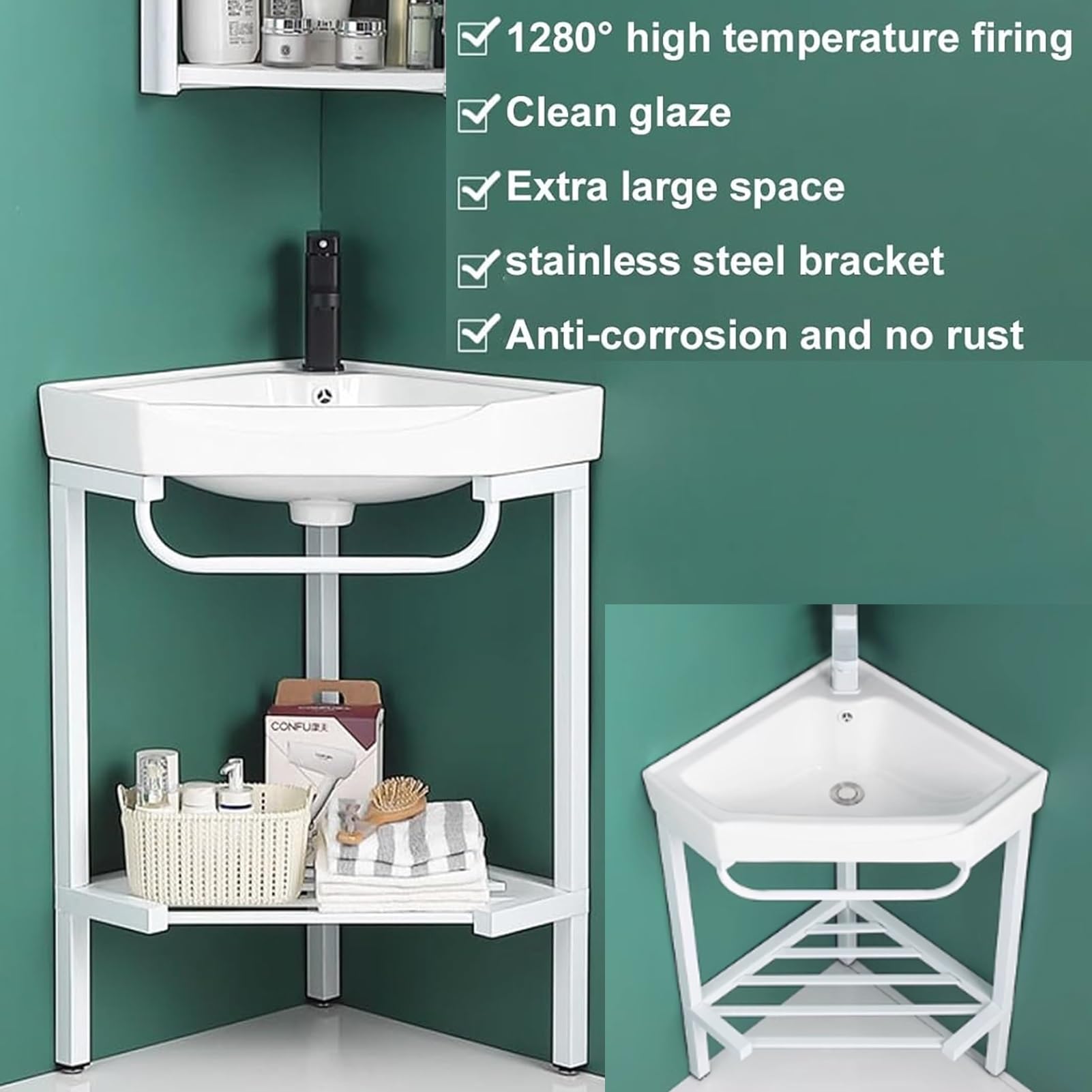 Fregadero esquinero de baño, soporte de acero inoxidable, fregadero de esquina de cerámica, lavabo de baño, lavabo de esquina para baño, lavabo de esquina pequeño, 16.5 x 42 cm
