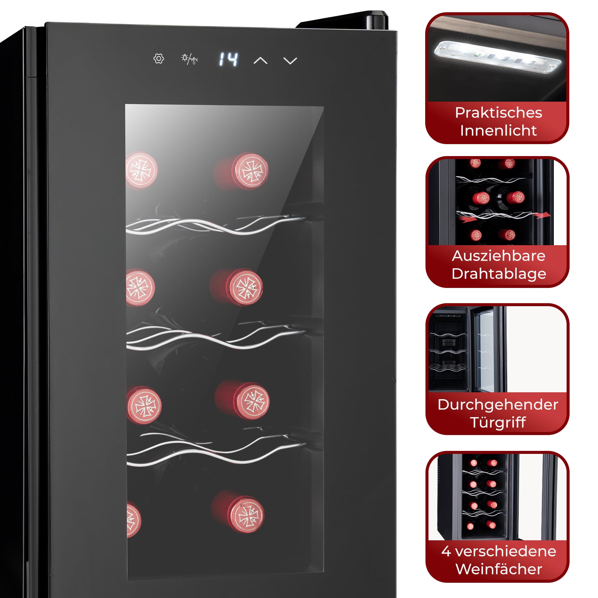 KLAMER Weinkühlschrank 8 Flaschen 21 L 5–18°C Präzisionskühlung Thermoelektrisch UV-Schutz Glastür Touch Display leise 35 dB