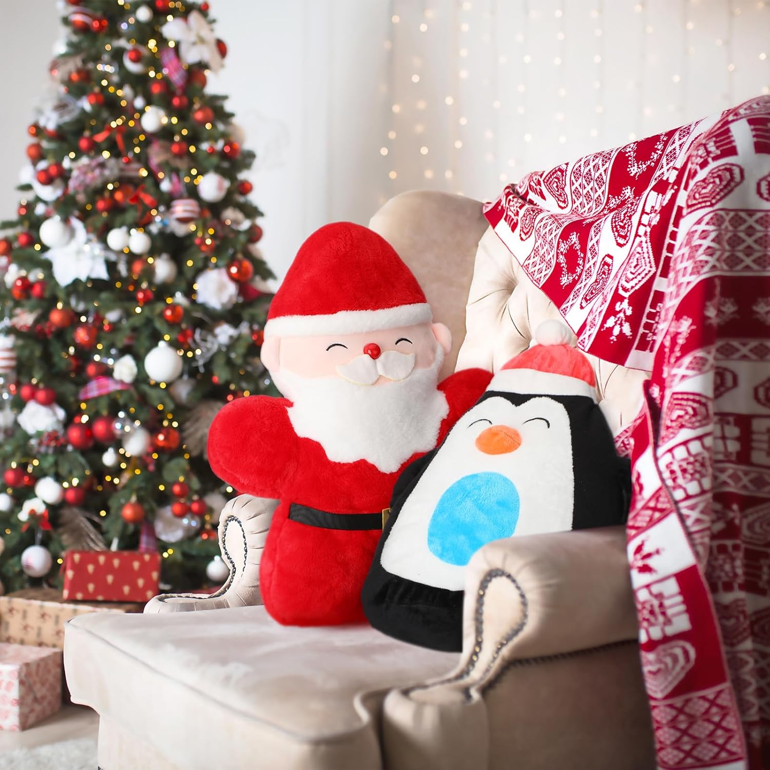 Shappy 4 Pcs 3D Winter Throw Pillow Christmas Santa Claus Snowman Reindeer Penguin Pillow Stuffed Plush Soft for Christmas Winter Party Outdoor Bedroom Cushion Decoration