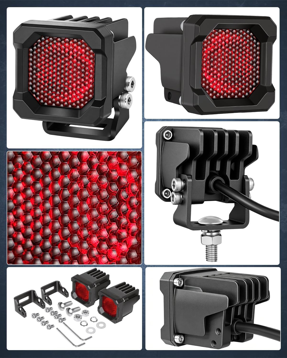 LED Pods Red, Nirider 2PCS 50W 2 Inch Flood Off Road LED Light Pods Backup Running Lights Square Brake Lights Hunting Lights Warning Lights Chase Lights for Truck Pickup Jeep SXS UTV ATV Tractor