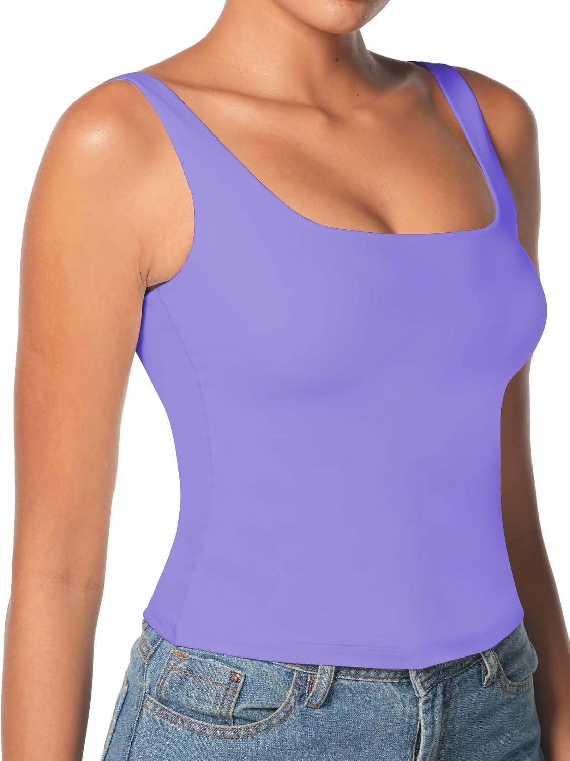 Sunzel Double Lined Tank Tops for Women Square Neck Sleeveless Fitted Seamless Basic Shirts for Casual Workout Athletic Yoga