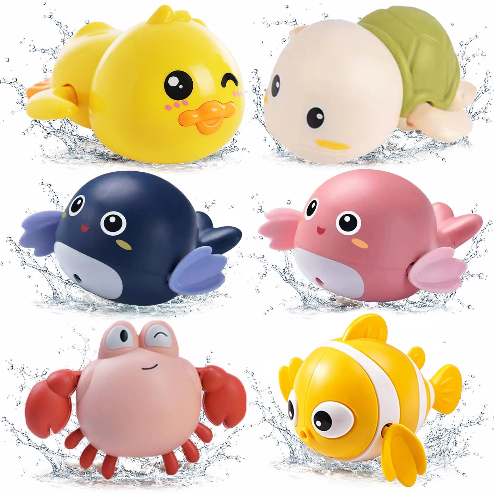 HOMAVEL 6Pcs Wind Up Bath Toys,Floating Clockwork Bath Toy,Water Play Set Ocean Animal for Bathtub,Pool,Shower,Travel,Summer Party Favour,Gift,Duck,Turtle,Crab,Fish,Whale Figures,Bathroom Fun