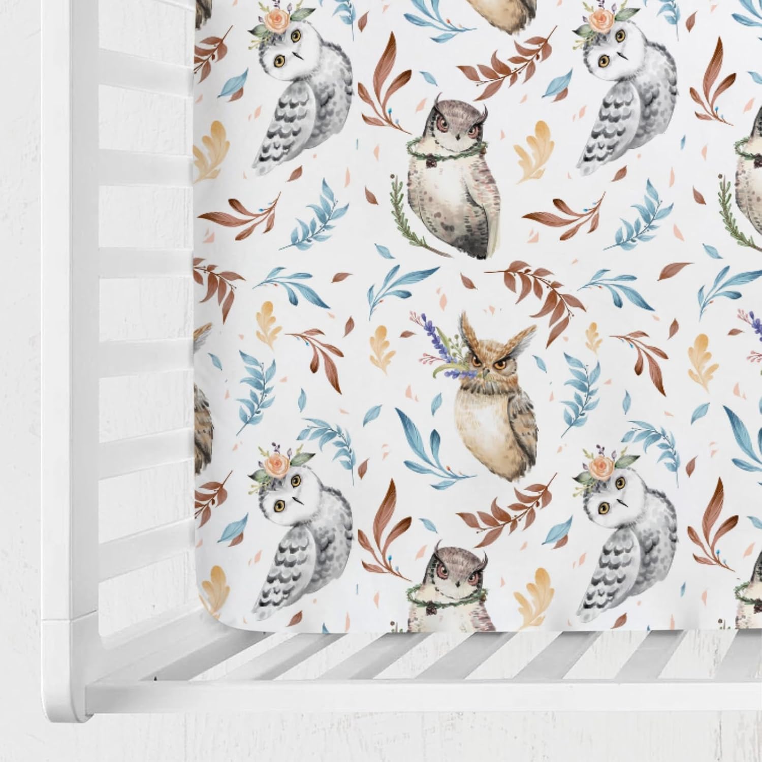 Watercolor Owl Flowers Leaves Baby Crib Fitted Sheet 52''x28'' Cute Owl Birds Floral Stretchy Fitted Mattress Sheet for Boy Girl Soft Baby Nursery Bed Sheet for Standard Toddler Mattress