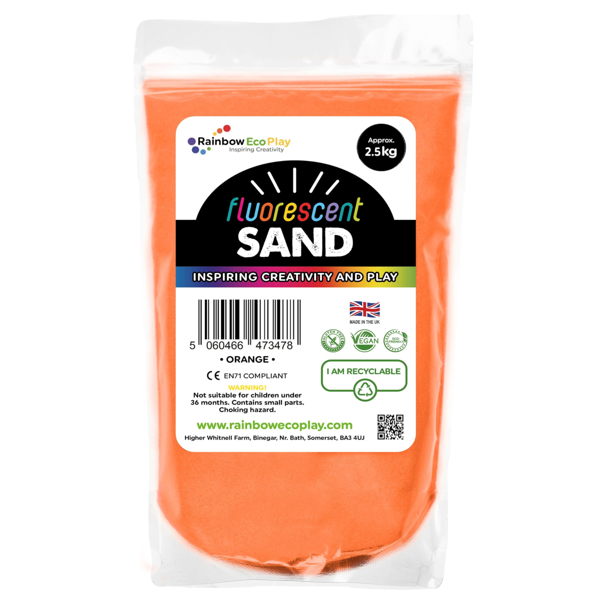 Rainbow Eco Play – Fluorescent Coloured Sand – 2.5kg - Decorative Sand Art Kit for Kids – Craft Childrens Play Sand – Aquarium - Orange