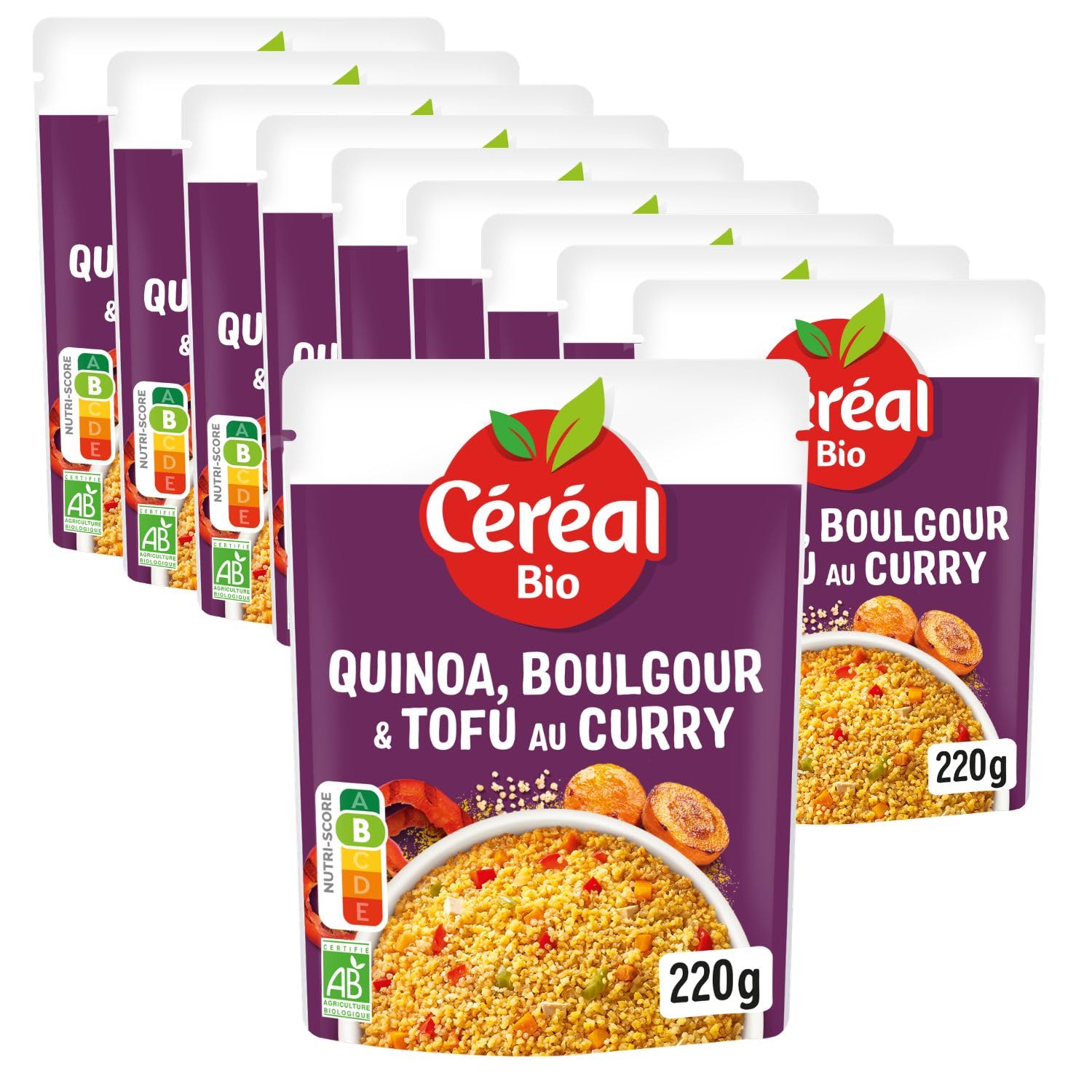 CÉRÉAL BIO – Quinoa, Boulgour & Tofu au Curry, Lot de 10 – 220 g