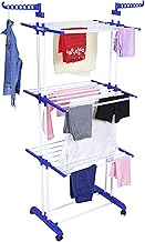 FLIPZON Premium Clothes Stand for Drying with Wheels | Portable | 3 Layer Rack for Balcony | Double Pole | Foldable Wings | 14 Hanger Rods | Alloy Steel & Plastic (White & Blue)