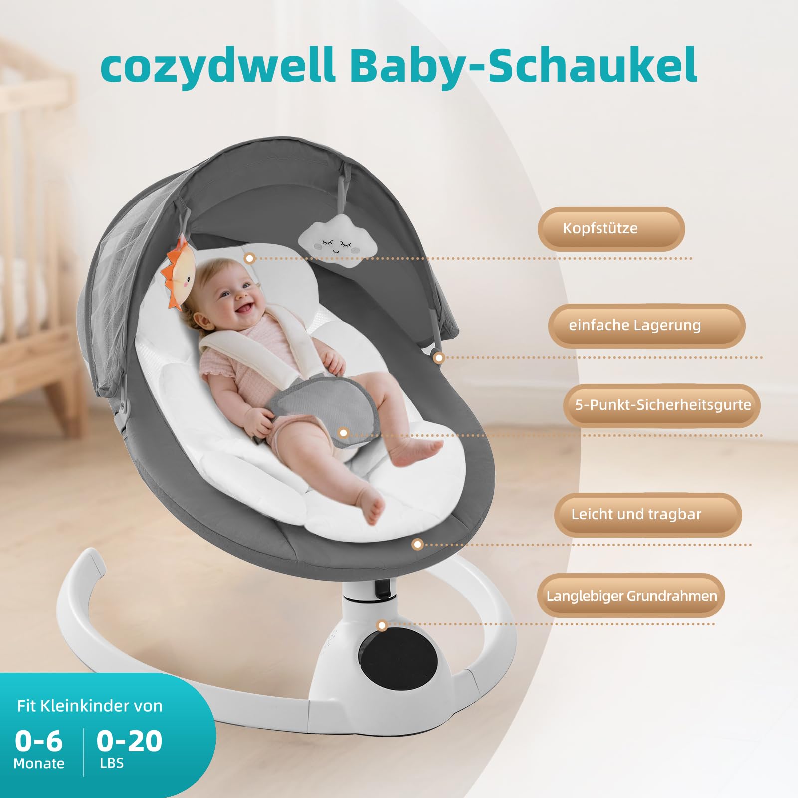 Babywippe Elektrisch Neugeborene bis 9 kg, Klappbar Bluetooth Babyschaukel Elektrisch mit 5 Schwinggeschwindigkeiten, 3-stufigem Timer und Fernbedienung, Tragbar Leicht Wippe Baby Elektronisch (Grau)