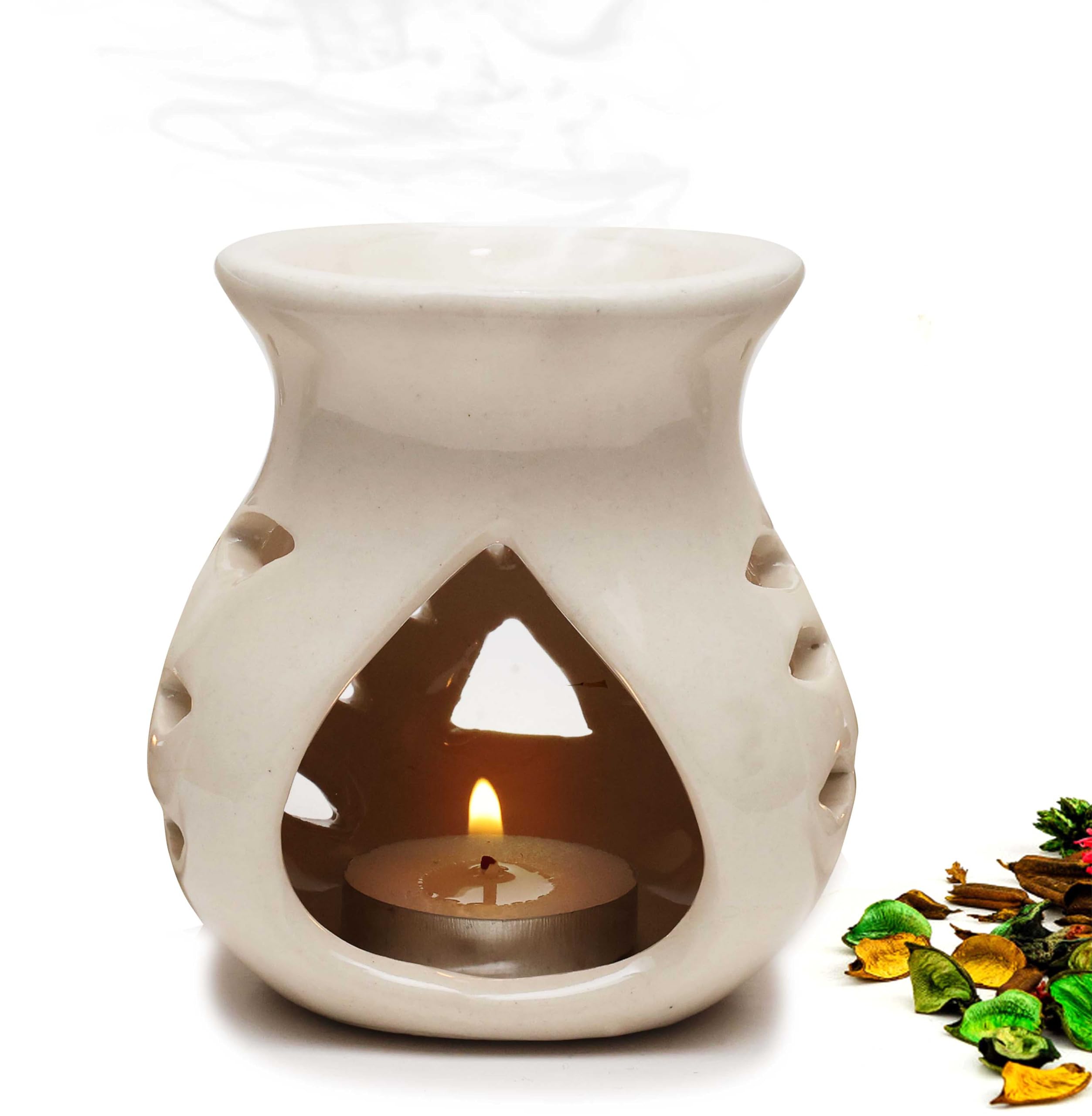 Pure Source India Ceramic Aroma Burner, Oil Warmer for Home, Office & Aromatherapy Use (Off-White) (3.5 Inch)-image-0