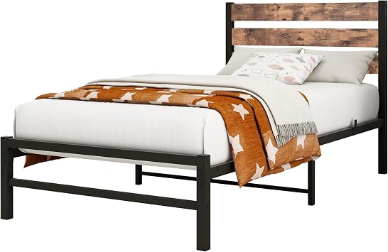 HOMERECOMMEND Single Bed Frame with Headboard,3ft bed 90x190cm,Rustic Brown