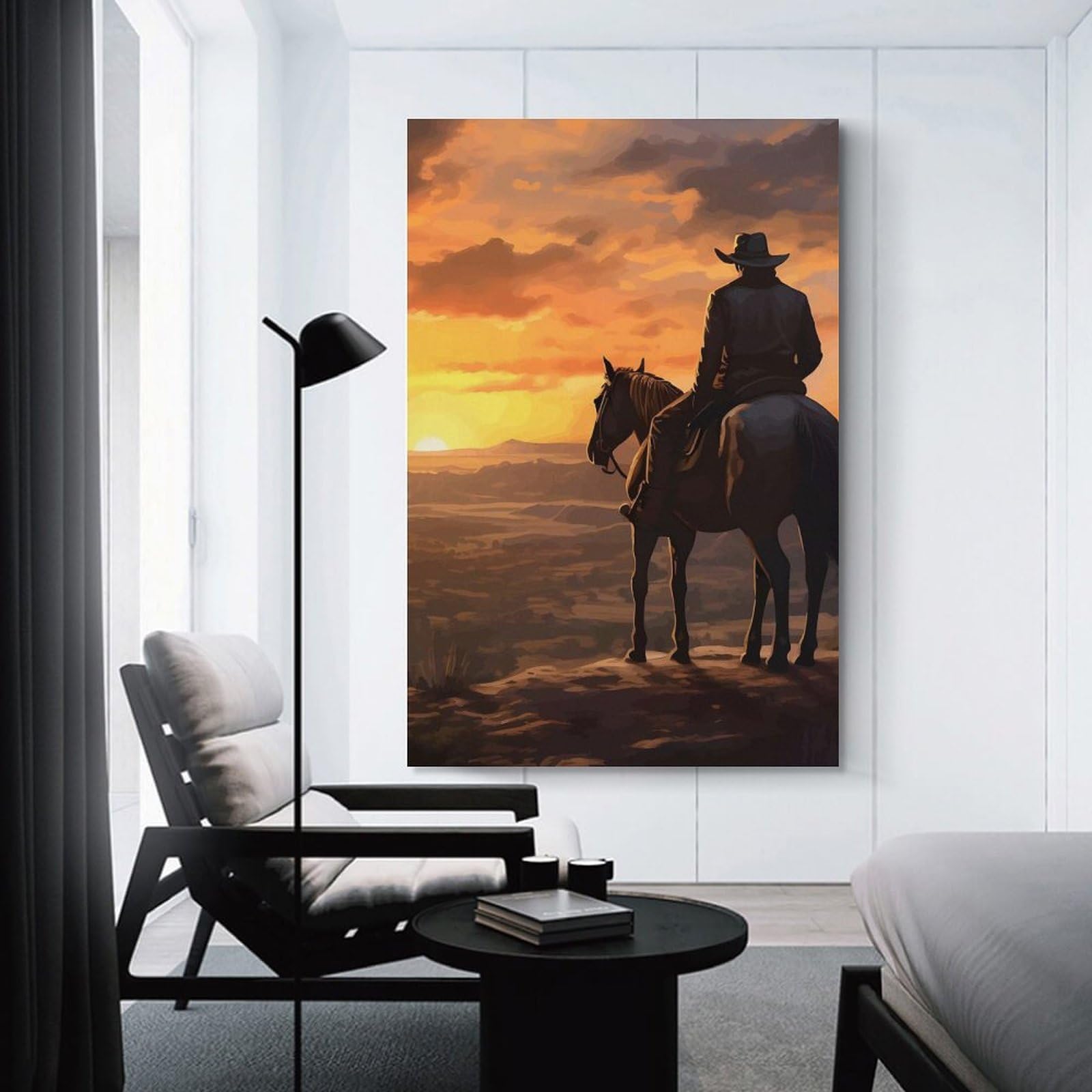 Junmoney Cowboy on Horseback at Sunset Room Decor Wall Art 24x36inch(60x90cm), for Art Walls, Layered Displays Or Homes, Wall Decor Suited to Curated Displays