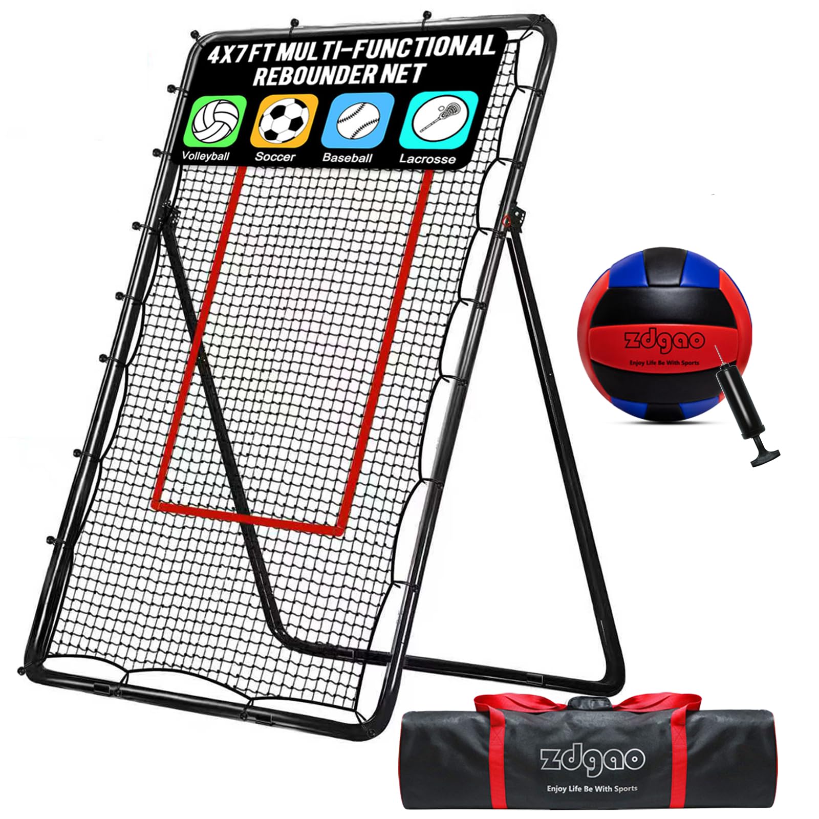 4x7ft Adjustable Volleyball Rebounder with Volleyball and Bag for Practice