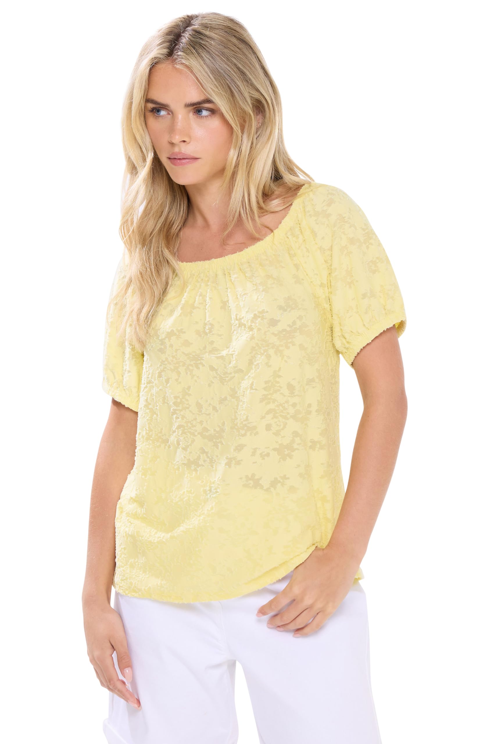 M&Co Women's Yellow Petite Burnout Floral Bardot Top In | : Size 18