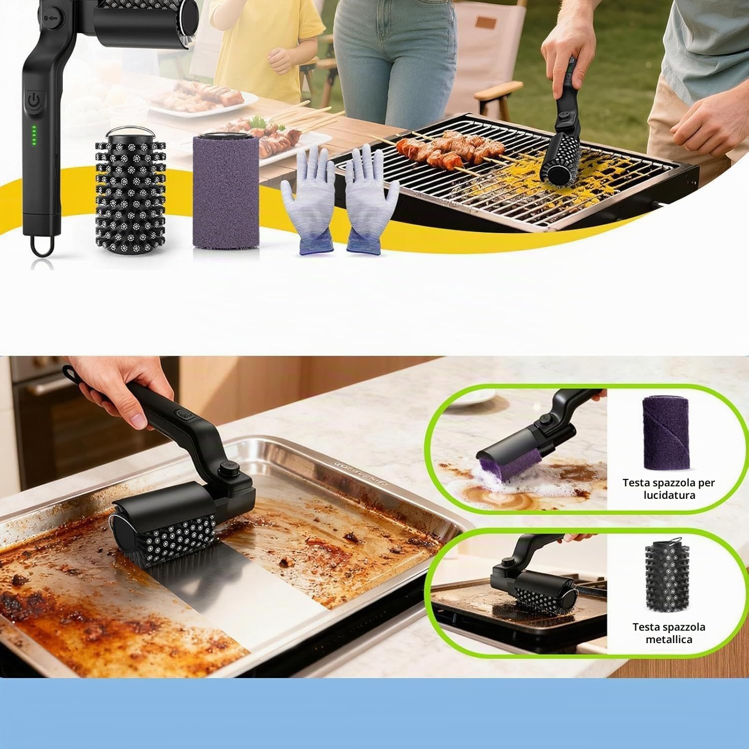 Spazzola per griglia elettrica - Spazzola rotante per barbecue elettrico | Spazzola per griglie con 3 velocità di rotazione, olio anti-macchia, con setole in acciaio inox, per griglie da campeggio