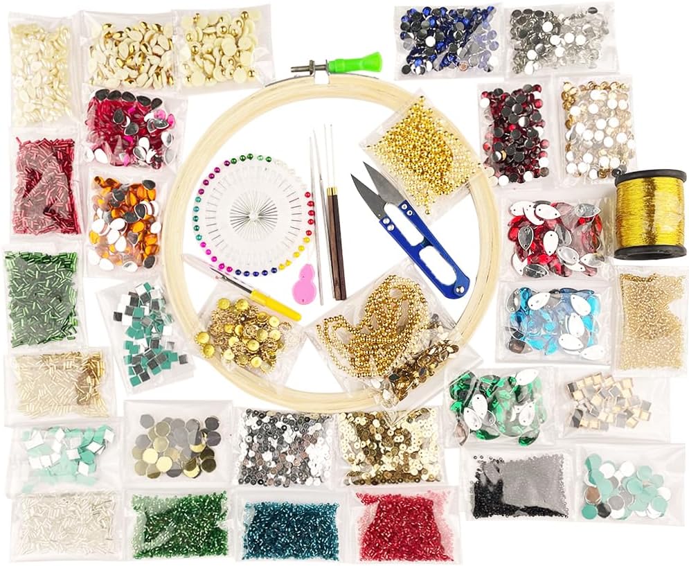 Qroof Aari Work,Maggam Work Materials Kit, Kundan Bulge, Aari Needles And Tools Combo Kit A Beginners Pack Set, Gold