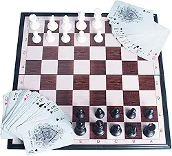 Kit Jogo Xadrez e Dama Tabuleiro Profissional Dobrável Magnético + Baralho Duplo com Estojo 2 em 1