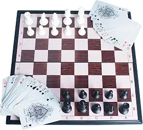 Kit Jogo Xadrez e Dama Tabuleiro Profissional Dobrável Magnético + Baralho Duplo com Estojo 2 em 1