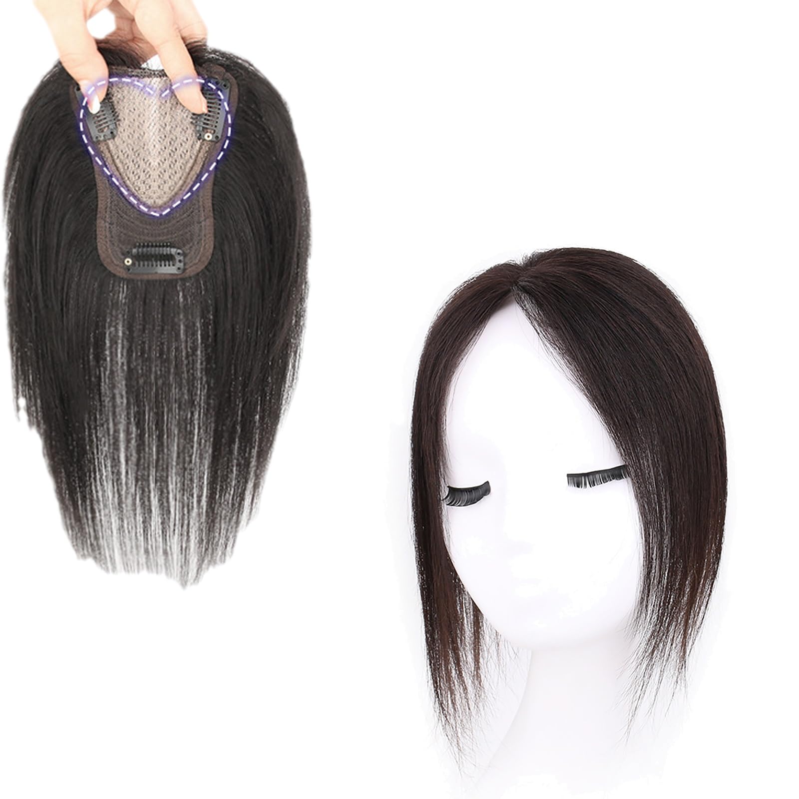 Damen 10 Zoll Top-Haarteile Topper Aus 100% Echthaar, Seidenbasis-Clip-in-Top-Wiglets-Haarverlängerungen for Leichten Haarausfall/Dünner Werdendes Haar/Graues Haar (Color : Black)