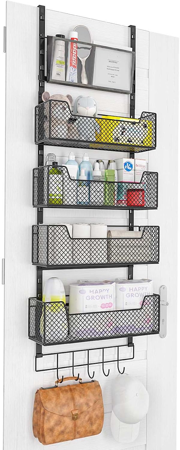 Adjustable Over The Door Organizer, Closet Door Organizer Heavy Duty Hanging Door Storage with 4 Metal Baskets and PVC Pocket, Behind Organizer for Bathroom Closet Bedroom Cabinet, Black Black 5-Tier