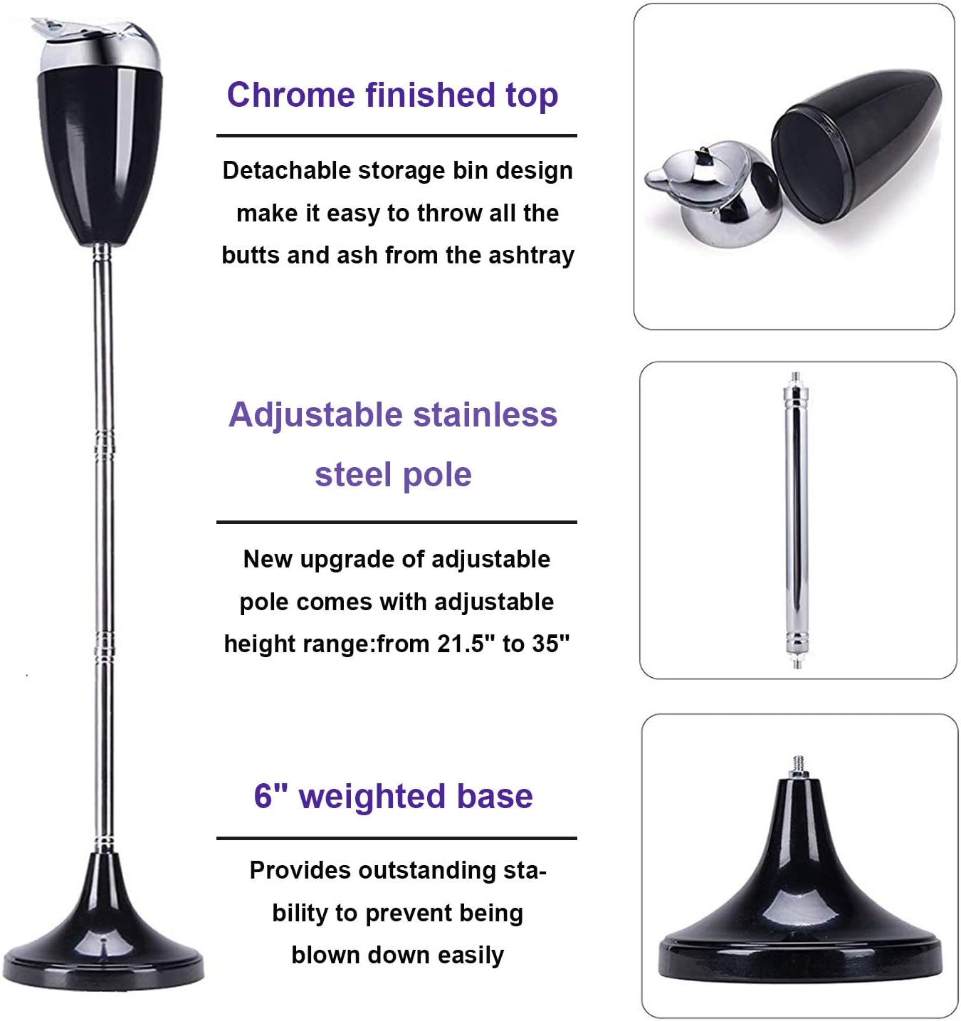 Floor Standing Ash Tray with Lid Adjustable Height from 21.5" to 35" Stainless Steel Contemporary Self-Cleaning Telescopic Smoking Ashtray Cigarette Ashtrays Tall Patio Windproof Ash Holder
