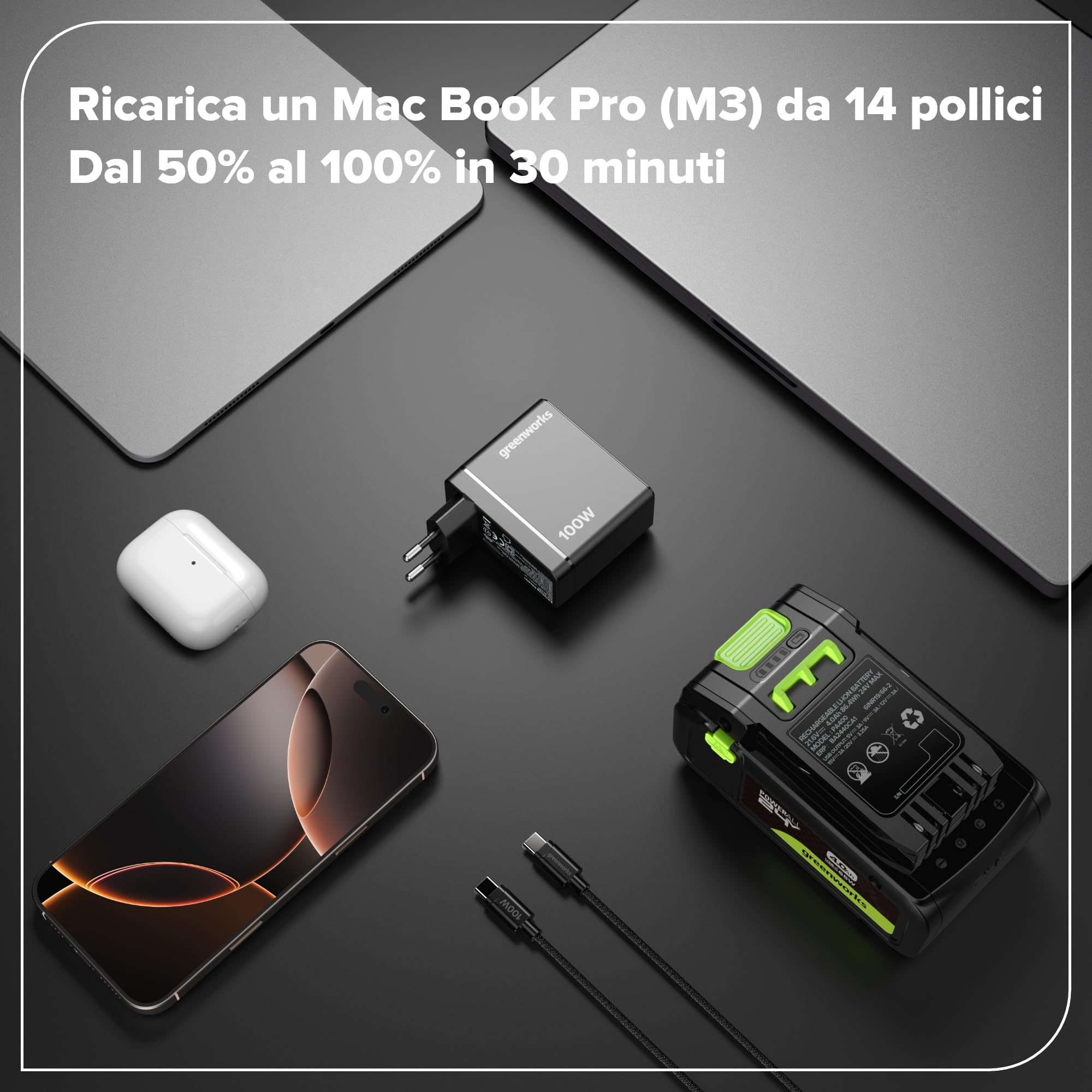 Greenworks Caricatore USB C rapido 100W Pod a 3 Porte PPS, Alimentatore Compatto USB C per MacBook PRO/Air, iPad PRO, Galaxy S20, dell XPS 13, Note 20, iPhone 17 Pro Max/16, Garanzia 3 Anni -AP100EA