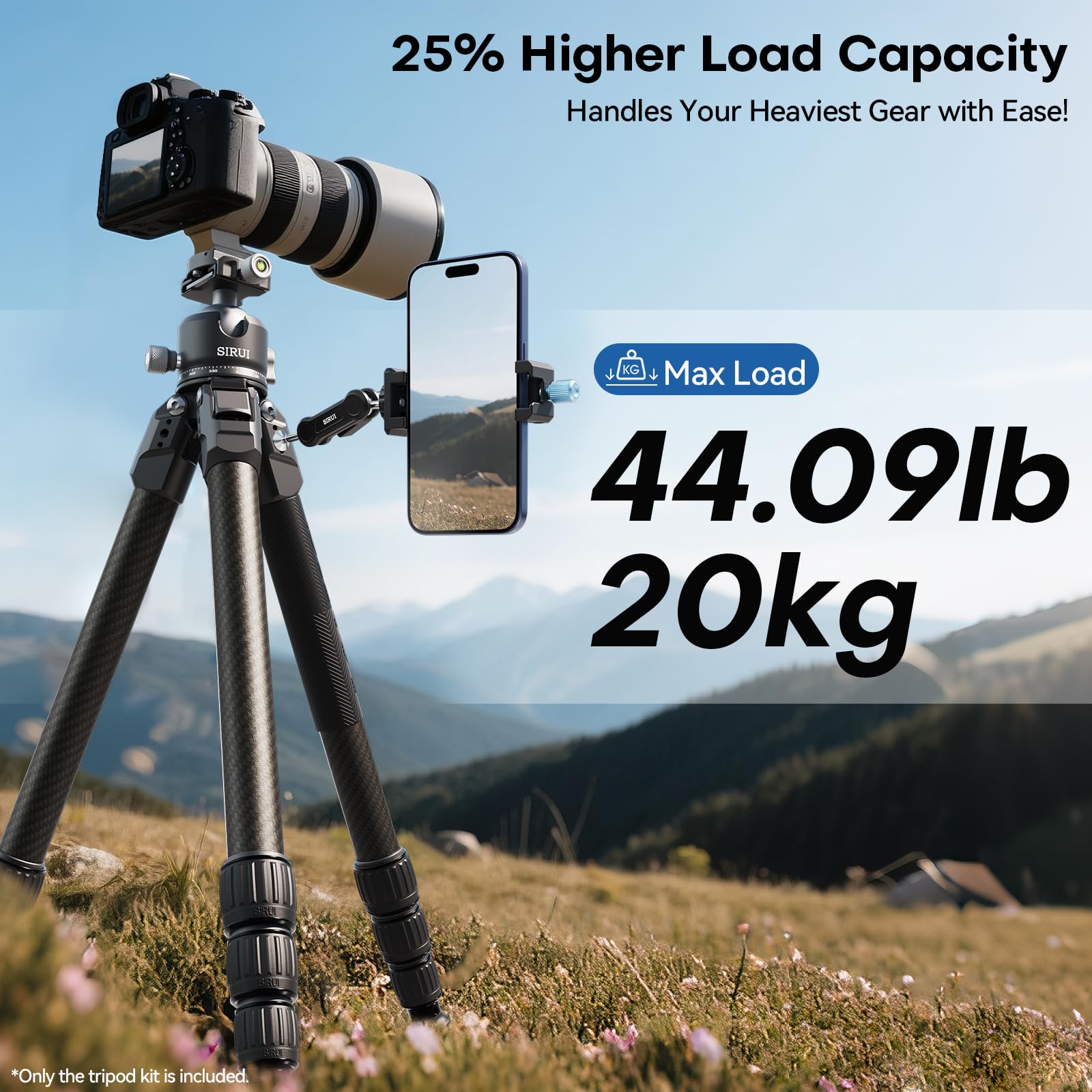 SIRUI Trípode Profesional de Fibra de Carbono con Cabeza de Bola 43mm, Altura Ajustable 128cm, Carga 20kg,Estabilidad Ultra para DSLR, Cámaras Sin Espejo y Video, AM-284S+G1