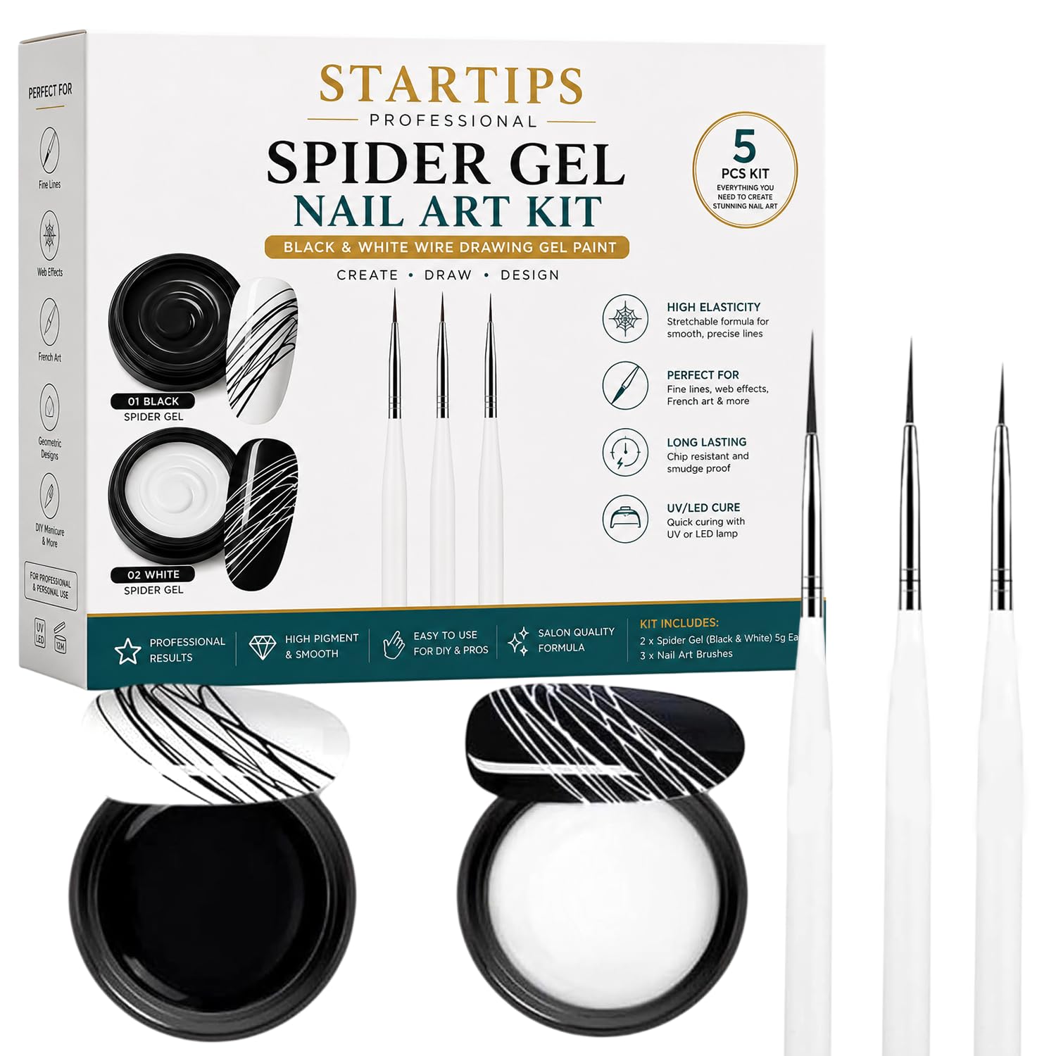 Spider Gel Nail Art Kit | Black & White Wire Drawing Gel Paint with 3 Nail Art Brushes | High Elasticity UV/LED Nail Design for Fine Lines, Web Effects, French Art & DIY Manicure-image-49