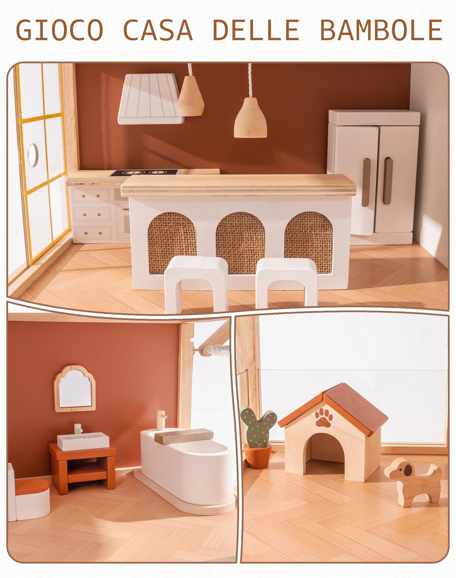 ROBOTIME Casa delle bambole in legno, bohémien con mobili e accessori, giochi a 3 livelli con tenda regolabile ed elementi in rattan, stile marrone kaki, regalo fantasioso