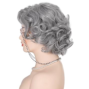 Old Lady Costume Wig Set, Short Curly Gray Grandma Wig