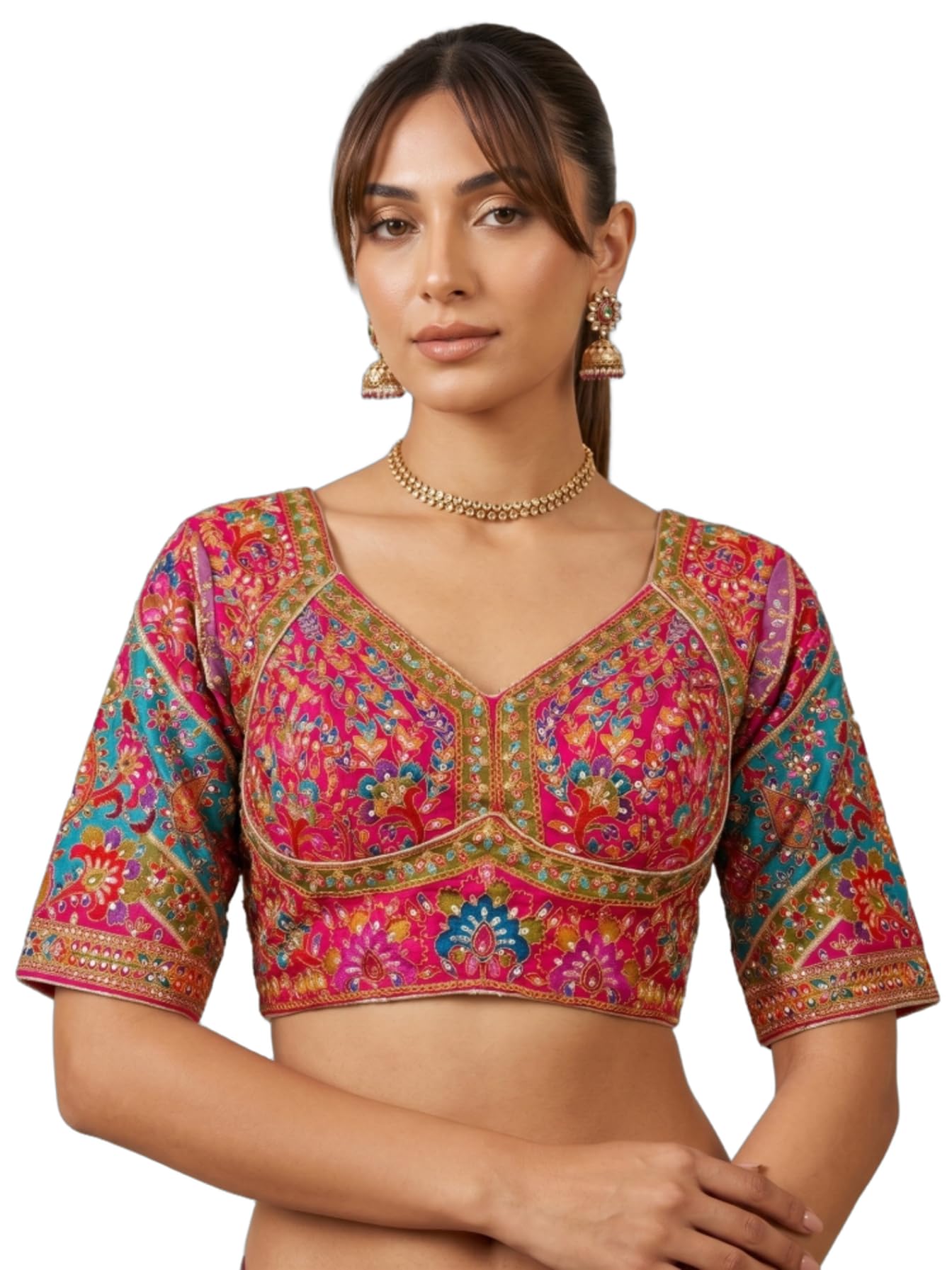 Women's Pink Pure Silk Viscose Readymade Padded Saree Blouse | Embroidered Choli for Lehenga with Zari, Sequin & Multicolor Print Work (Bust Size 38", Alterable 34" to 42")-image-42