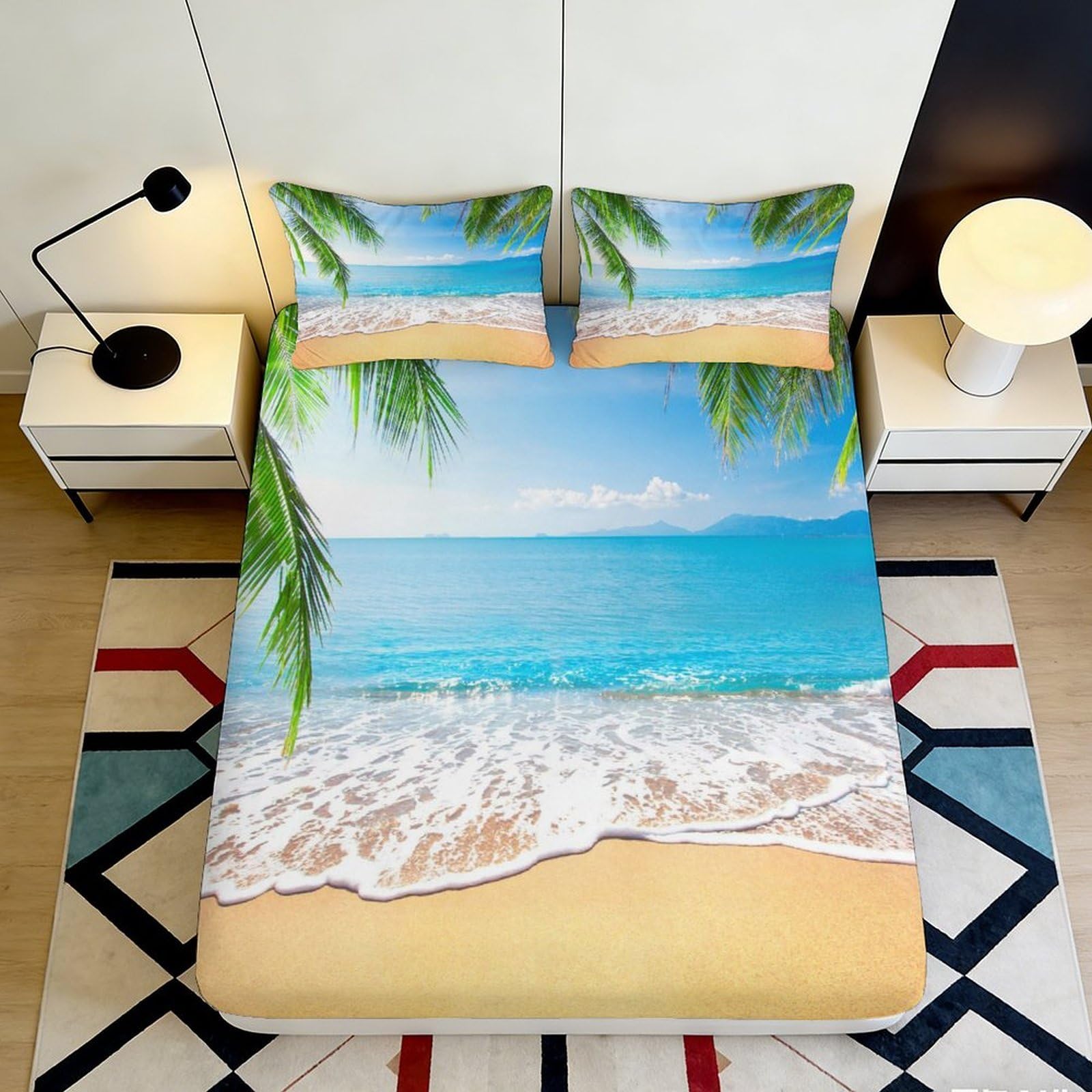 3D Printed Beach Ocean View Fitted Sheet Microfiber Sand Coast Mattress Cover for Bedroom Guest Room Decor 120x200cm 180x200x25cm