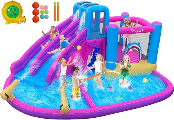 FBSPORT Inflatable Bounce House Double Slide,Water Slide Park Bounce House with Ball Pit,Water Cannon, Climbing Wall, Ki
