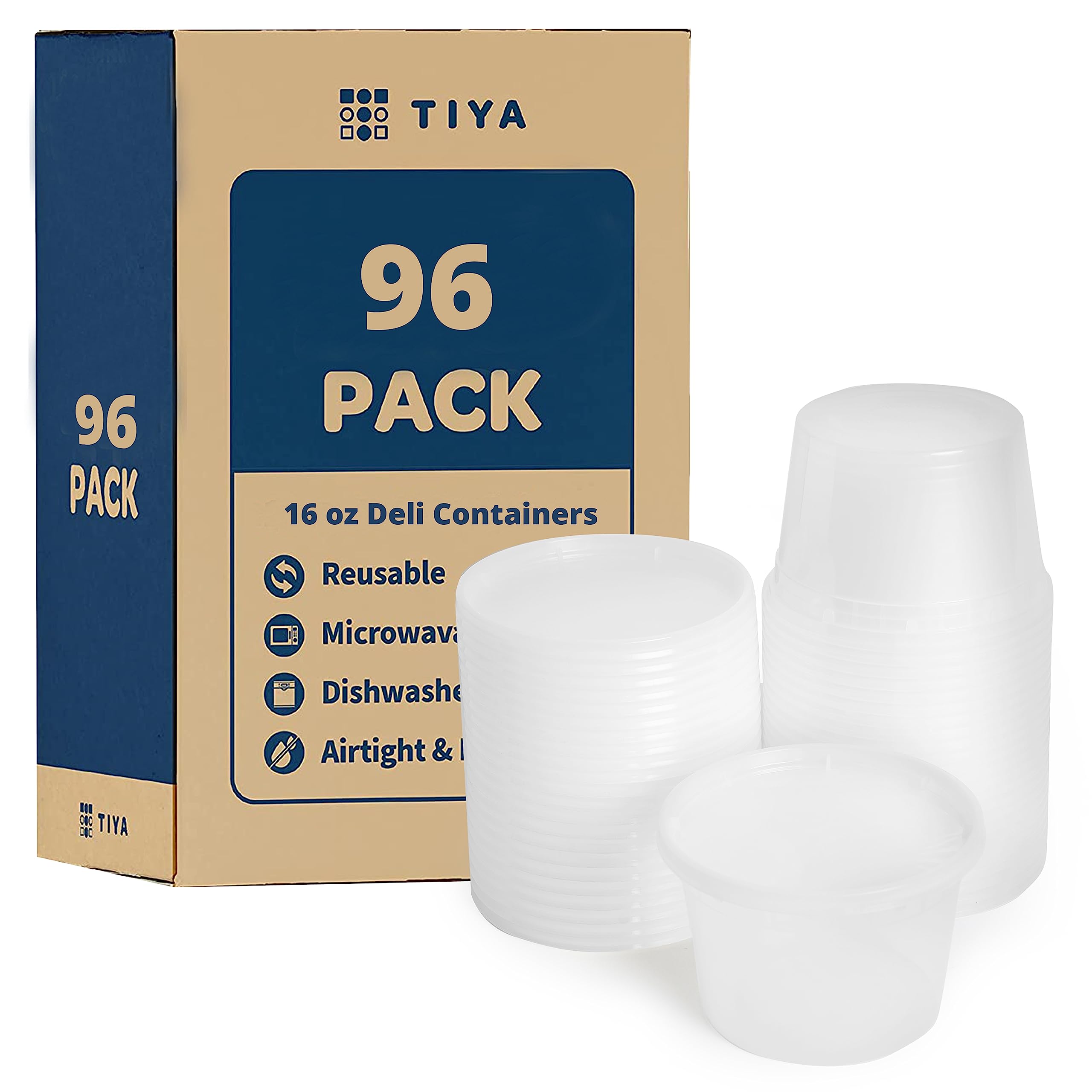 TIYA Takeout Food Containers - 16oz Bulk 96 Pack with Lids - Food Storage To-Go Containers - Reusable Microwavable Dishwasher Safe Restaurant Takeout Cups - Airtight Leak Proof for Soups & Meal Prep