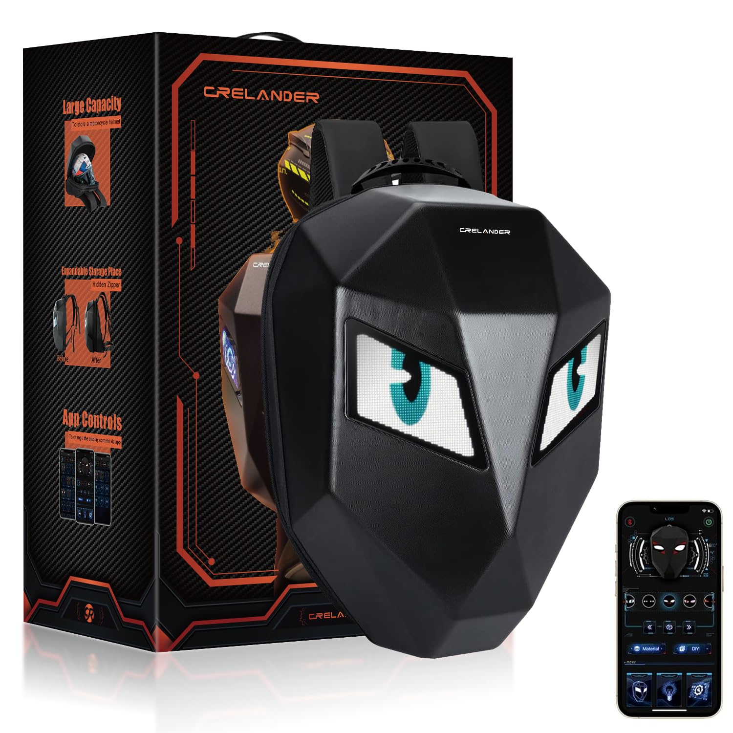 Crelander LED Motorcycle Backpack,17inch Knight Backpack with DIY Programmable Display Screen, 3D Waterproof Hard Shell Helmet Bag Laptop Storage Daypack for Riding Traveling