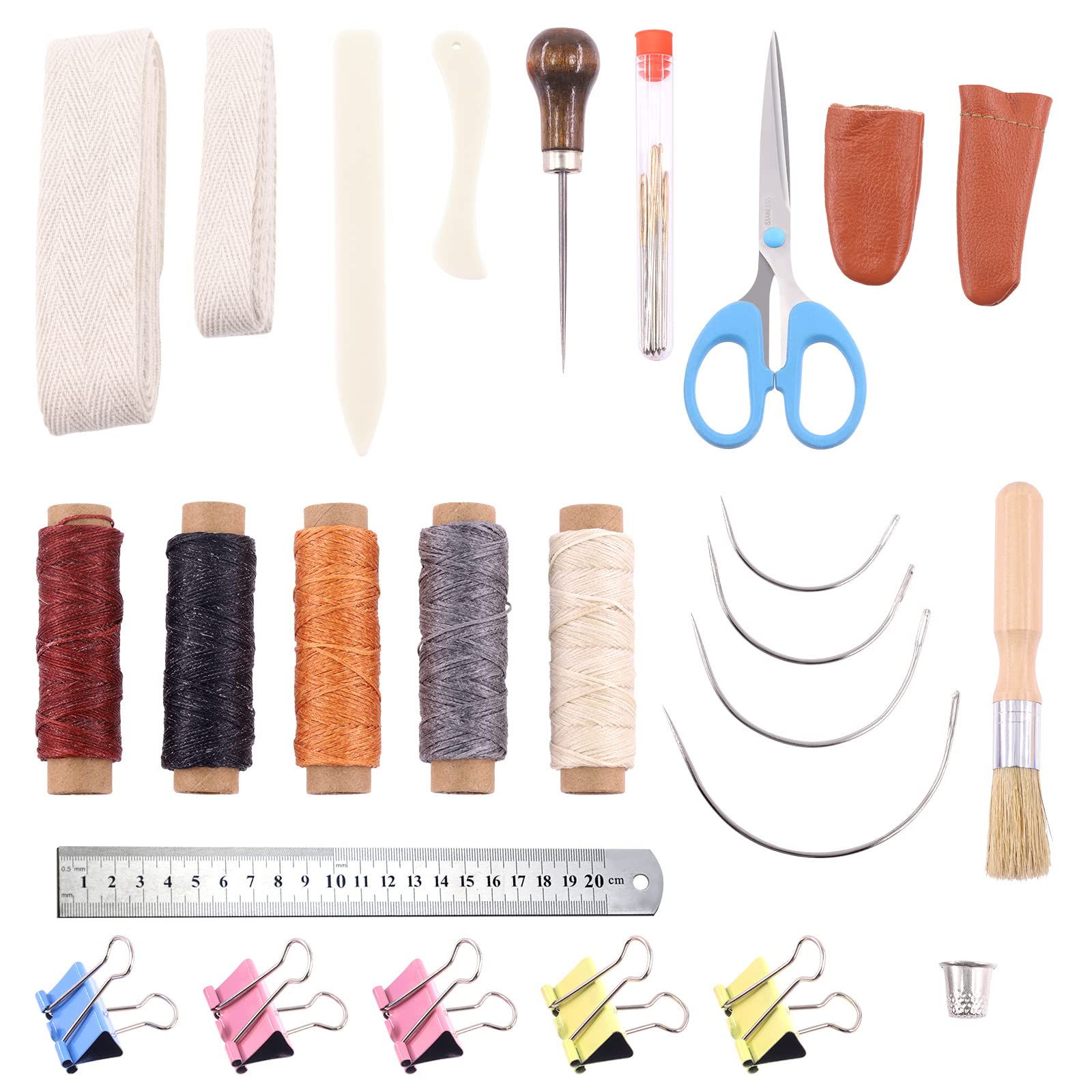 Tanstic 37Pcs Bookbinding Kits, Hand Bookbinding Tools with Bone Folder Paper Creaser, Awl, Large-Eye & Curved Needles, Waxed Thread, Glue Brush, Steel Ruler and Sewing Supplies for DIY Leather Craft