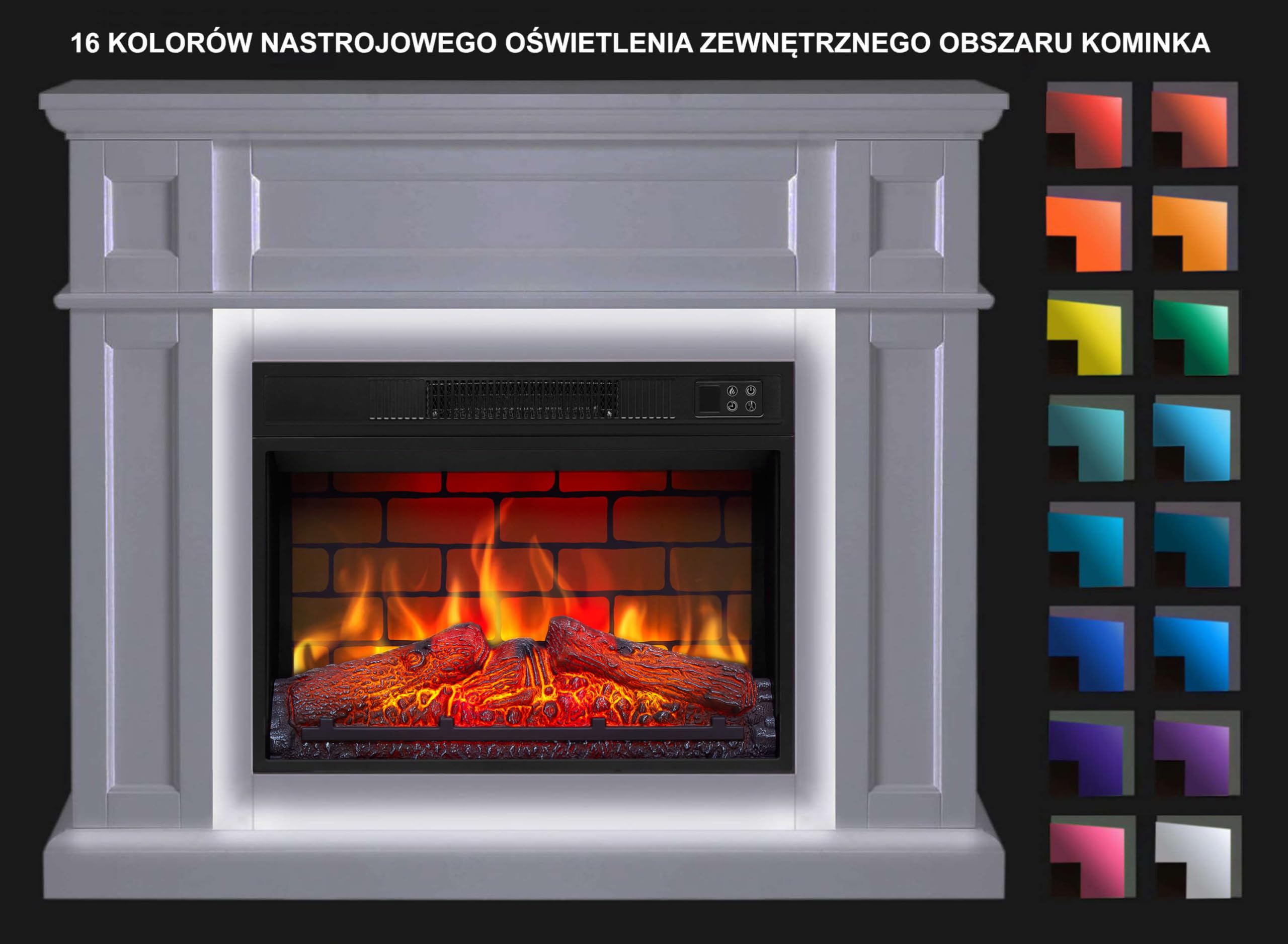 Kominek elektryczny LED ArtiFlame Linz AF23BS biały z dźwiękiem, 12 trybów ogrzewania 1800 W, timer, prawdziwy efekt płomienia, 3 poziomy jasności, ekskluzywny design, pilot