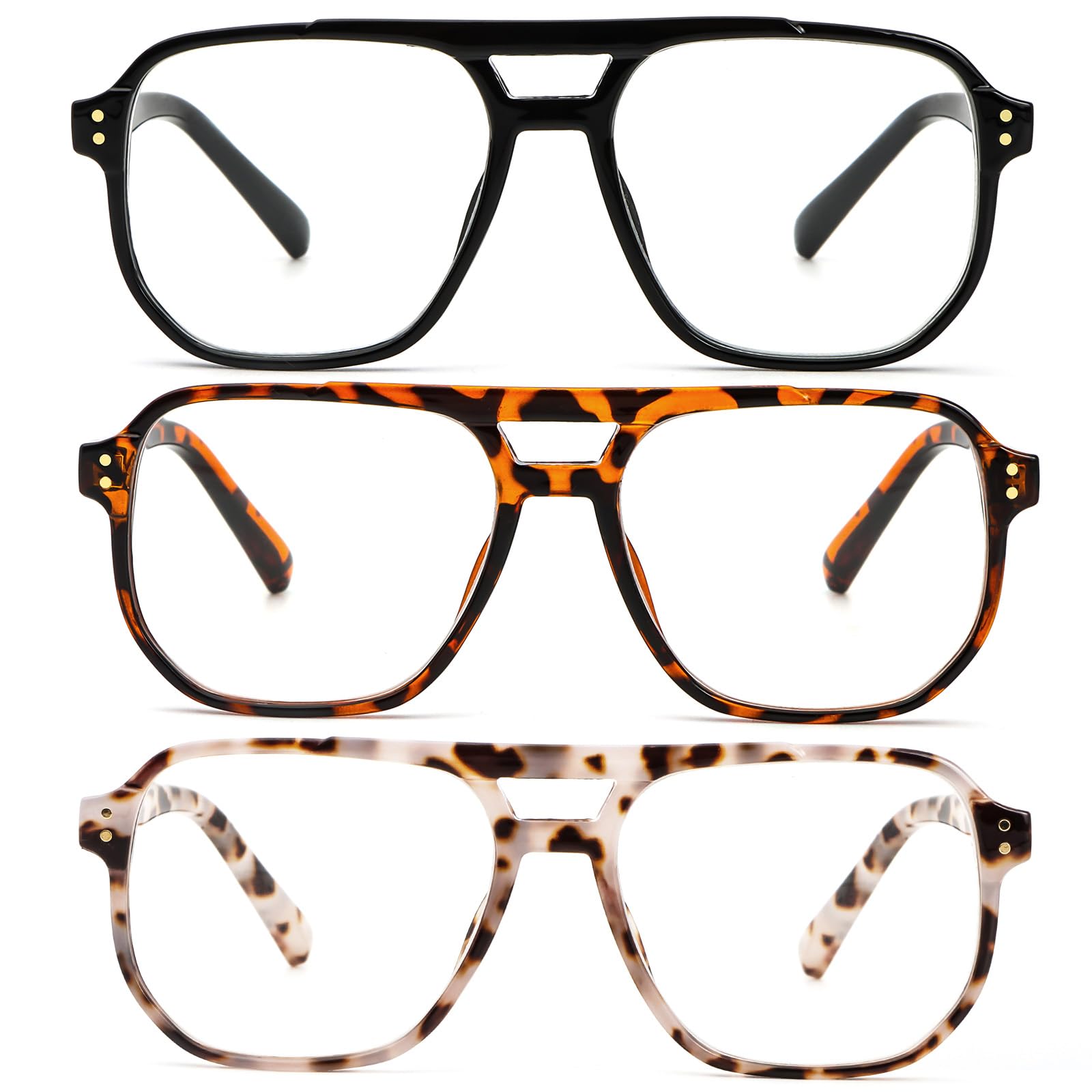 KoKoBin 3 Pack Übergröße Flieger Vintage Lesebrille Herren und Damen Quadratisch Federscharnier lesebrillen Anti Licht Blau Computer Leser
