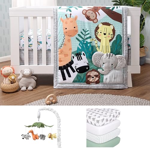 The Peanutshell Juego de ropa de cama para cuna, decoración de guardería de safari, 8 piezas, elefante, jirafa, león, cebra, mono y animales de la