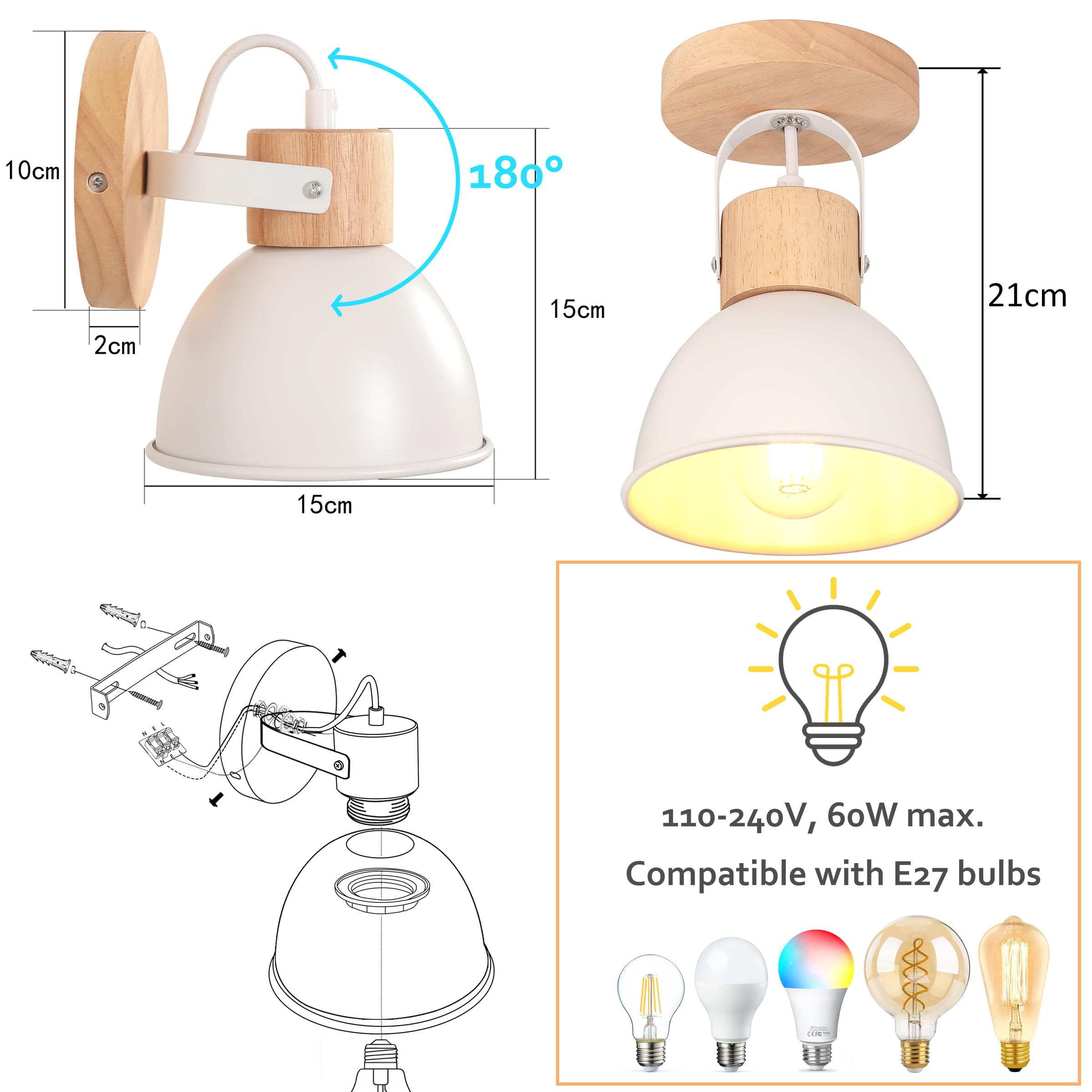 iDEGU Applique Murale Interieure Spot LED 15cm Rétro Lampe Murale Insustrielle en Bois Fer Design Vintage Luminaire Réglable Lustre Plafonnier E27 Éclairage Mural pour Chambre Cuisine Salon(Blanc Mat)