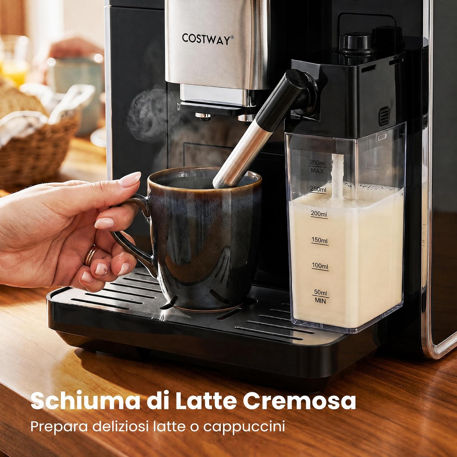 COSTWAY Machina da Caffè Automatica, con Macinacaffè e Montalatte, 15 Bar