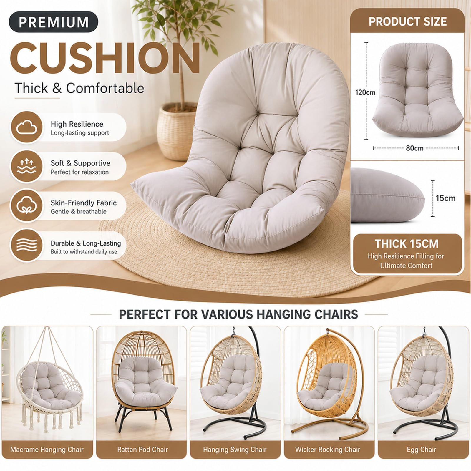 Cojín para sillón colgante, 80 x 120 cm, impermeable, para interior extragrueso, para silla colgante, cojín semicircular de repuesto, cojín de jardín, cojín para columpio colgante para silla de jardín