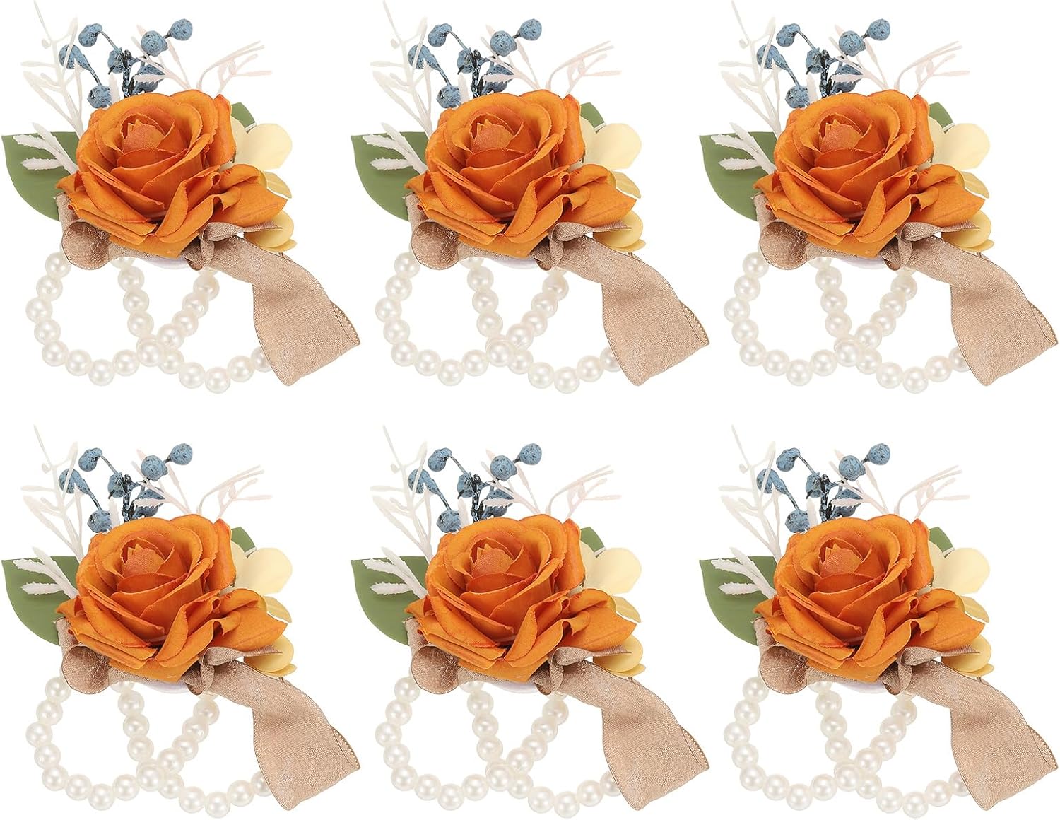 PATIKIL Homecoming Wedding Wrist Corsage, 6 Pcs Prom Party Artificial Flower Wrist Corsage Bracelets Mother Prom Graduation Party Bridesmaid, Dark Orange