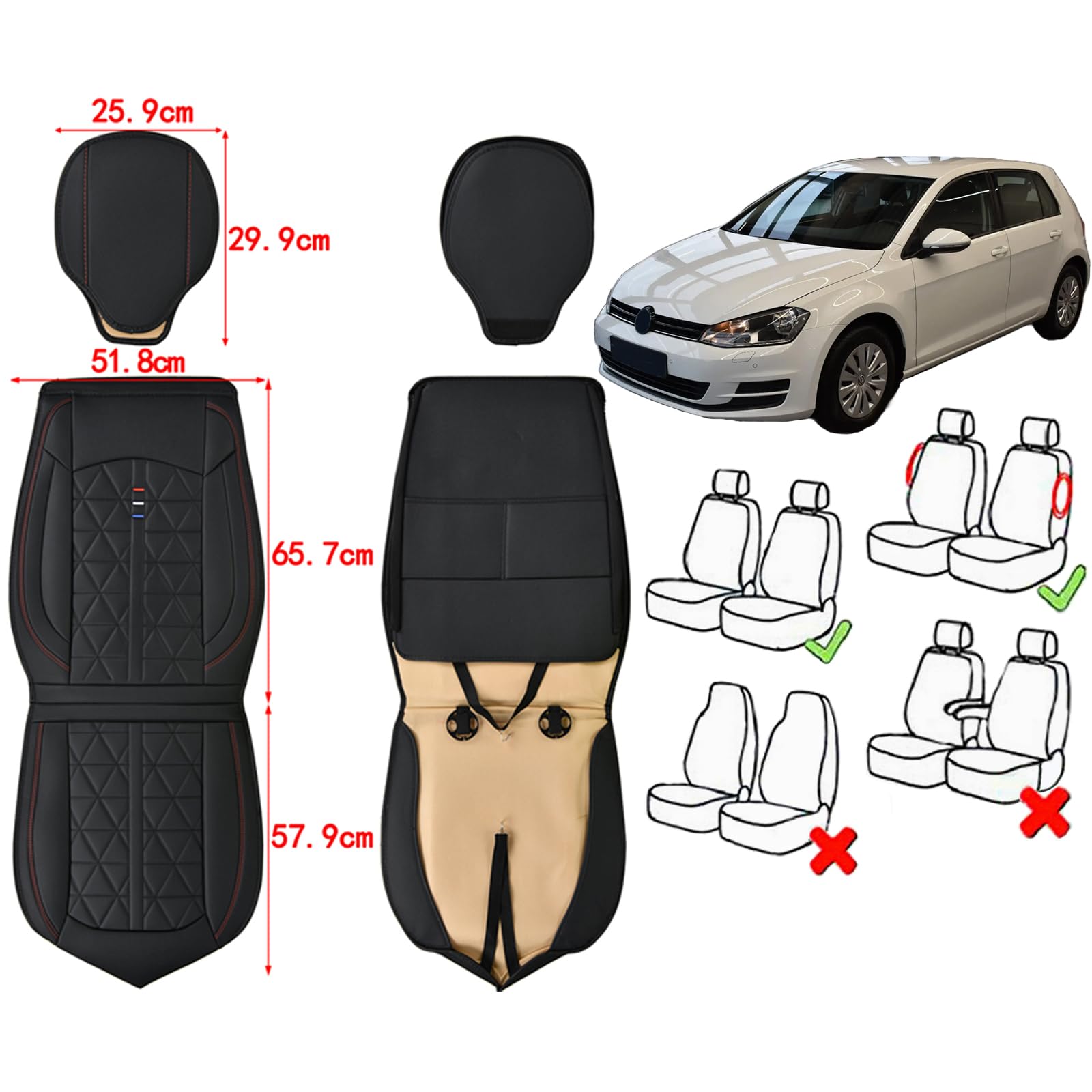 Autositzbezüge Auto Vordersitz 2 PCS Set Für VW Golf Autositzbezüge Leder ，Komfortabel Wasserfest Verschleißfest Atmungsaktiv Schwarz