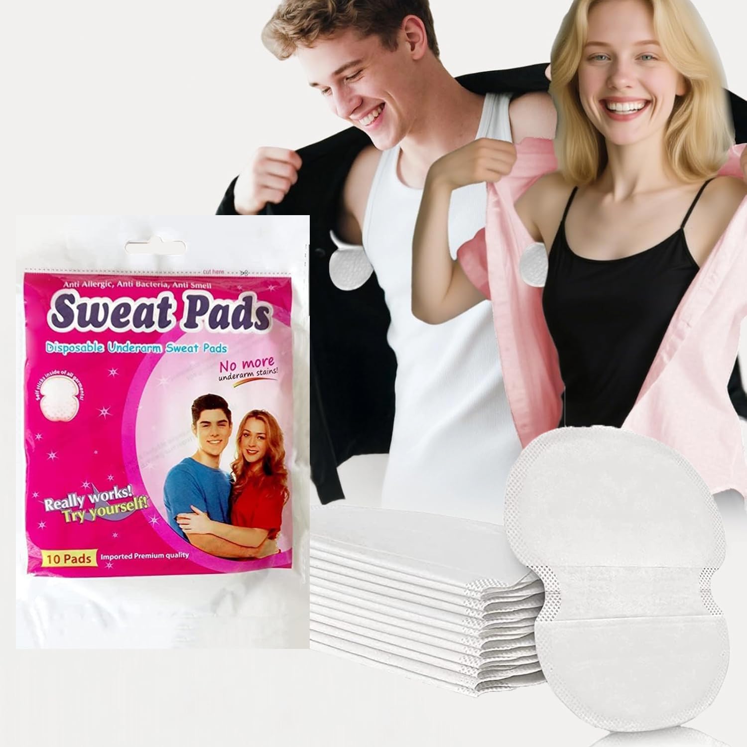Disposable Underarm Sweat Pads for Men and Women, Folded, Large Covering Underarm Pads to Prevent Stain, Breathable Material for Quick Absorption, Skin Friendly (10 pads)