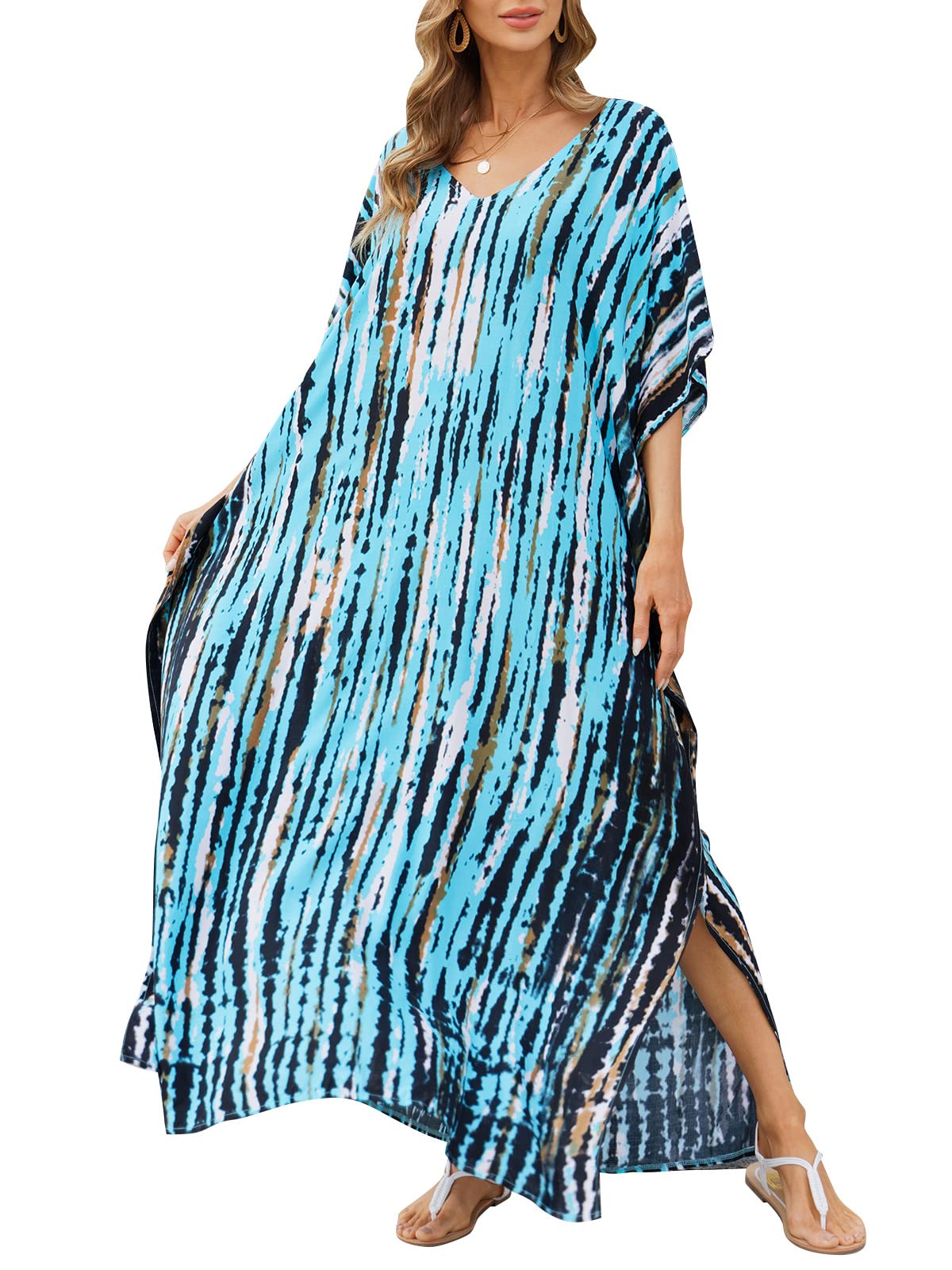 Morelian Women Oversized Maxi Dress Tie Die Printed V Neck Beach Robe Cover Ups