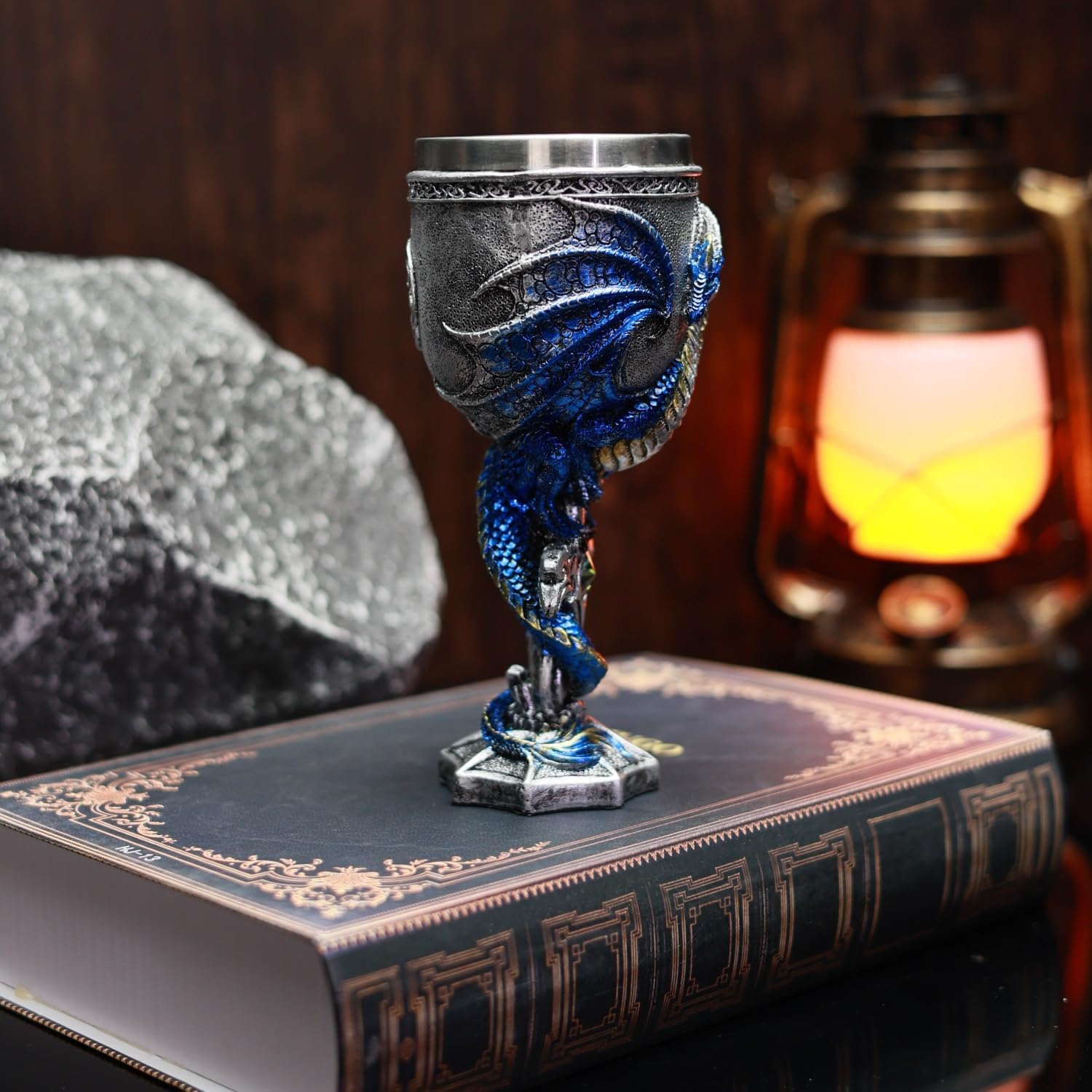 Medieval Dragon Cross Sword Goblet Stainless Steel Inlaid Resin Hand-painted Creative Party Wine Glass Holiday Birthday Gift (Blue)