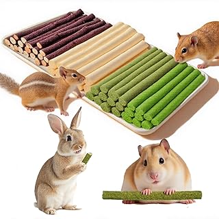 Juguetes de conejo, 5.01 oz/5 onzas, 4 en 1, golosinas masticables de conejito para rechinar dientes, juguete para morder conejillo de indias, hámster, comida molar, palitos de Timothy, bambú