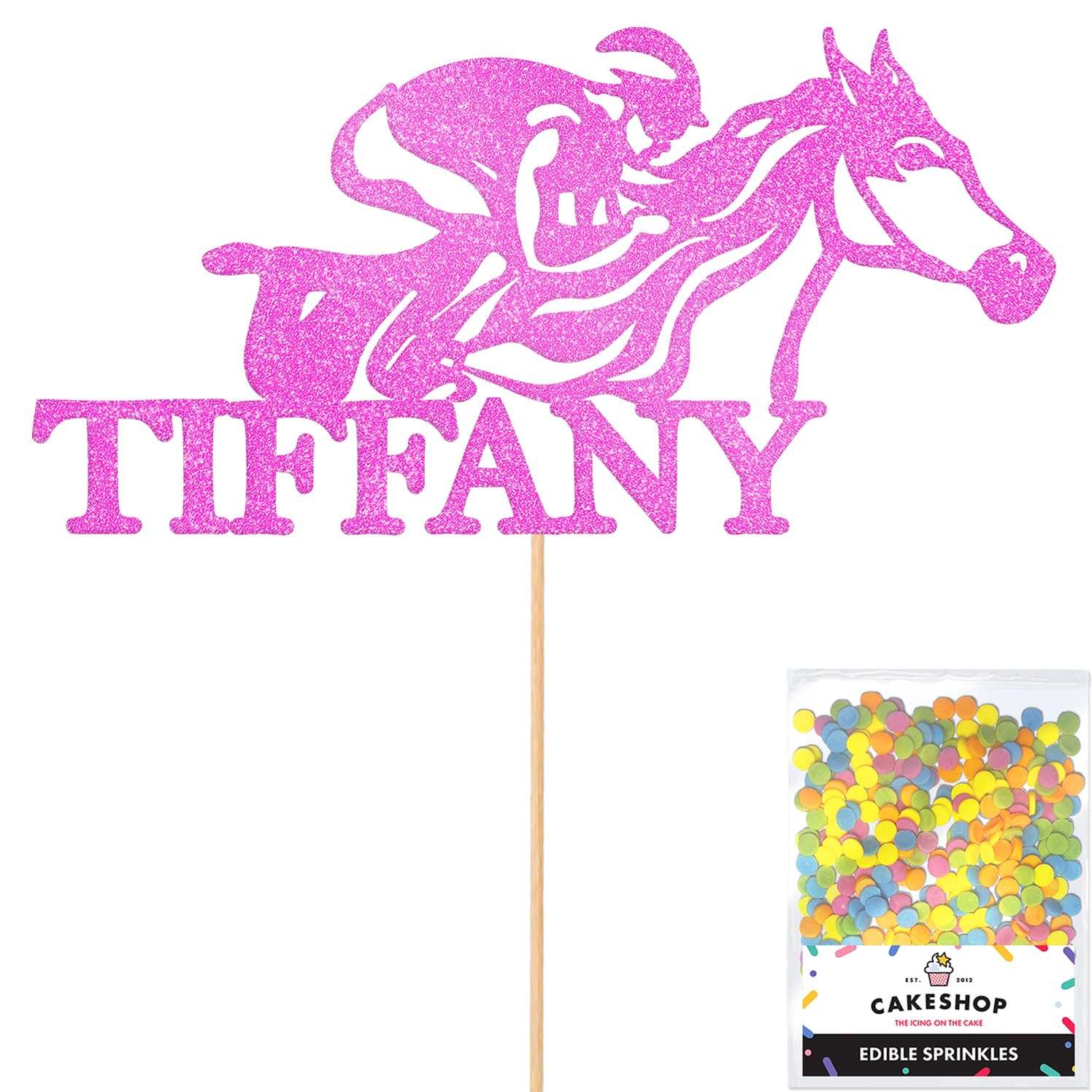 Personalised Horse Racing Jockey Glitter Cake Topper - Light Pink Custom Age & Name Glitter Cake Decoration and Sprinkles - Happy Birthday Decorations - Personalised Toppers for Cakes by Cakeshop