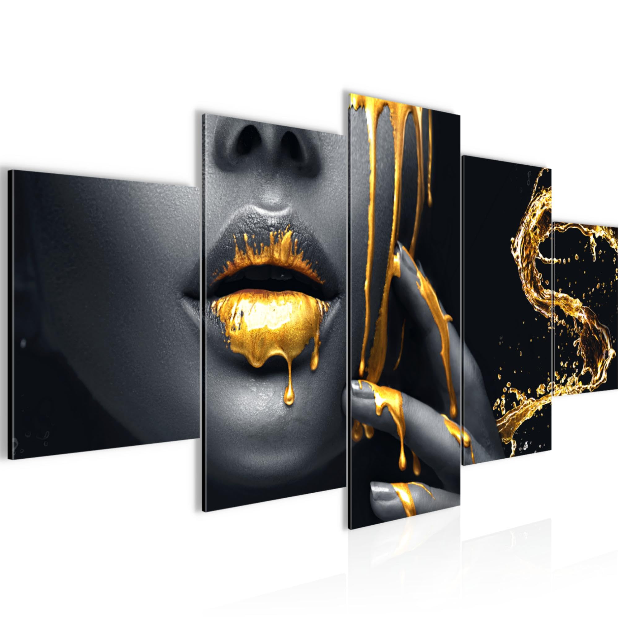 Runa Art - Cuadros Decorativos labios dorados 200 x 100 cm 5 Piezas XXL Decoracion de Pared Diseño oro negro 041551a